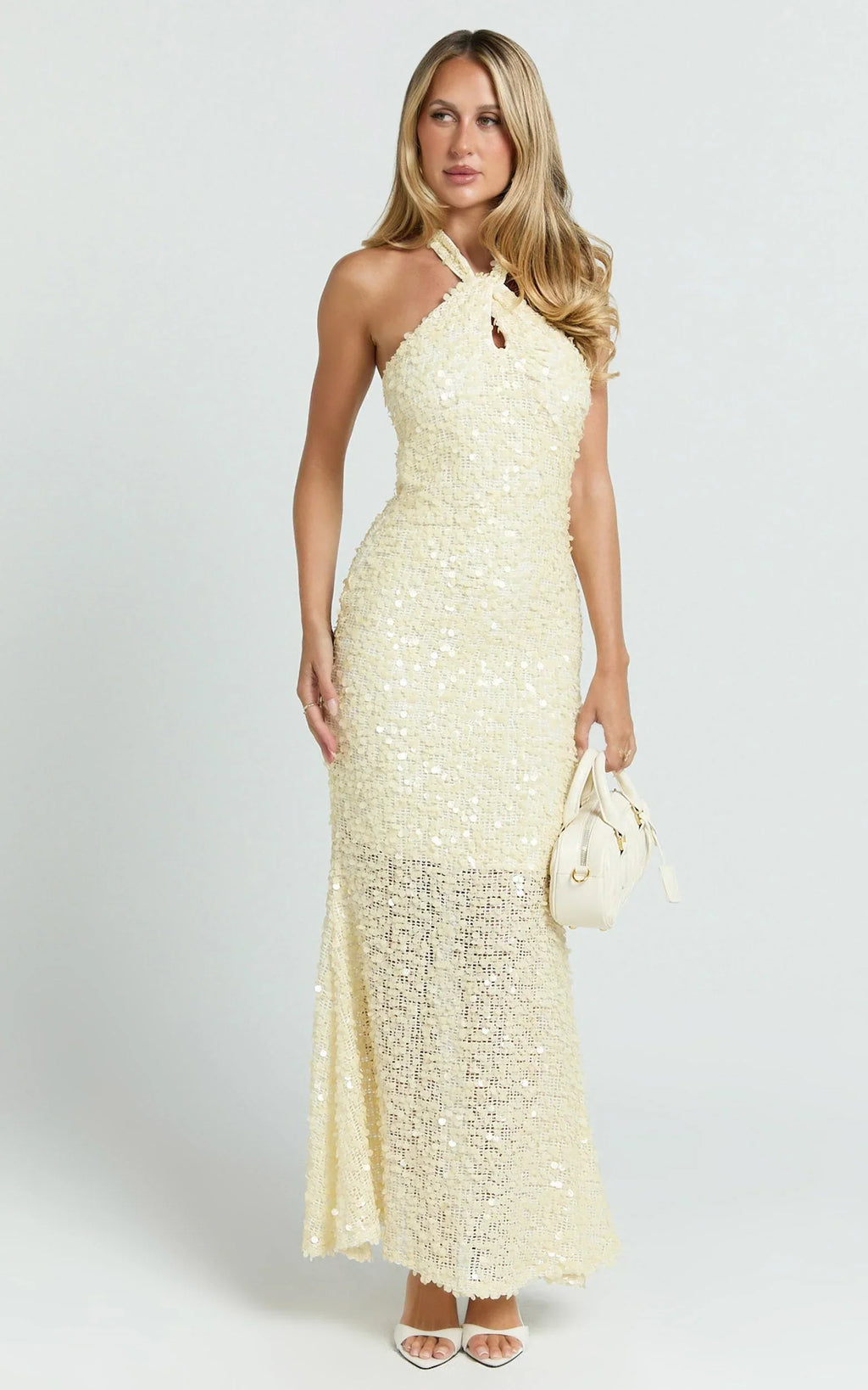 Celeste Maxi Dress - Sequin Halter Low Back Dress in Lemon