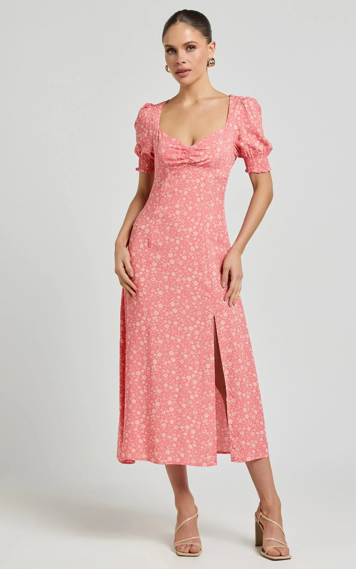 Marcel Midi Dress - Sweetheart Puff Sleeve Thigh Split Dress in Coral