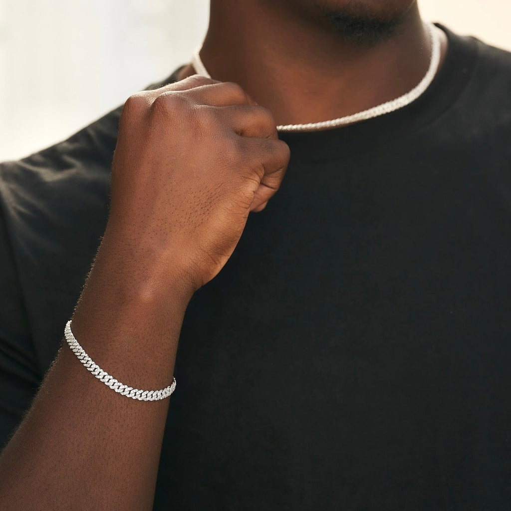 GLD Men Micro Diamond Prong Cuban Chain + Bracelet Bundle in White or Yellow Gold - 6mm