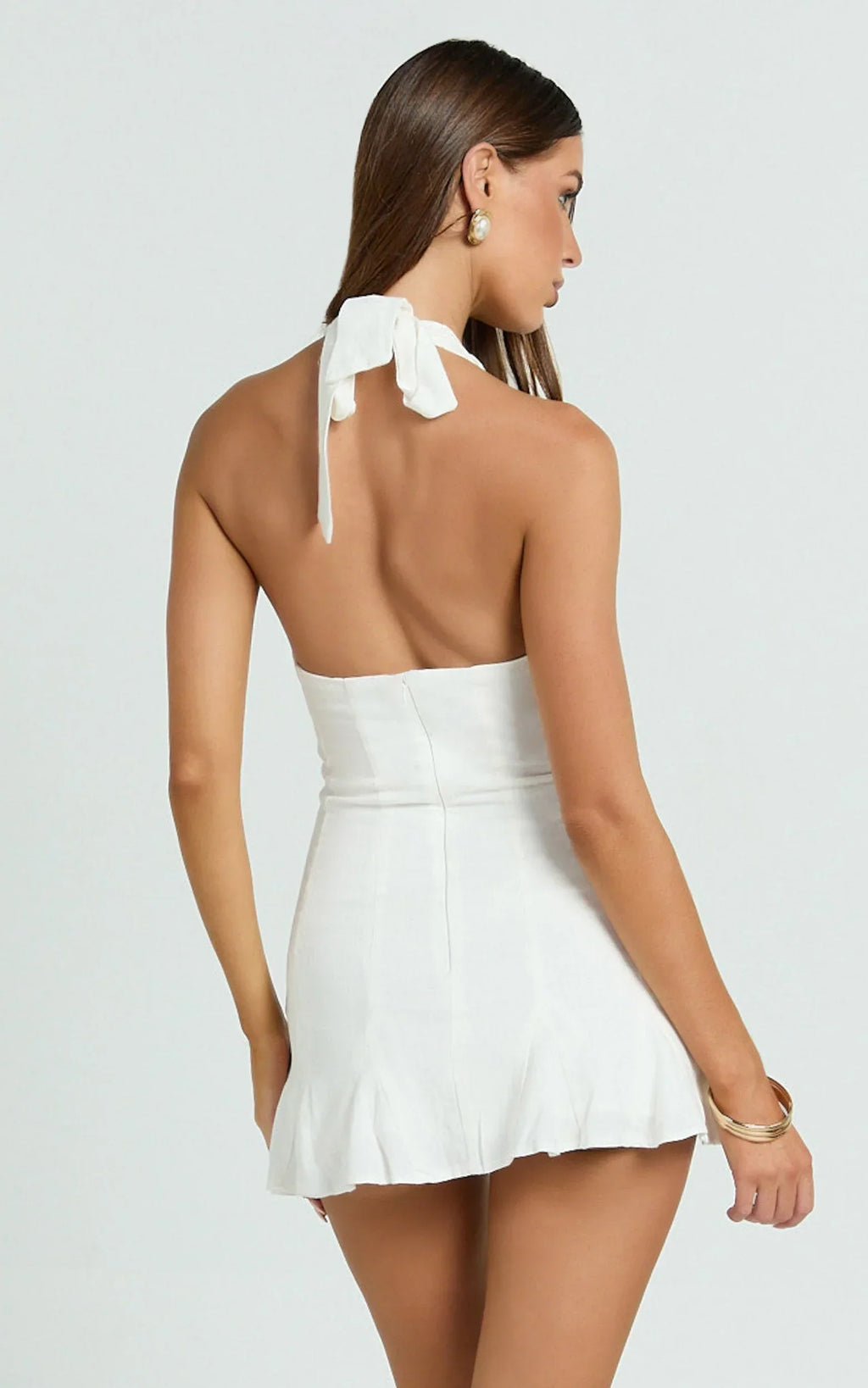 Barley Mini Dress - Ruffle Halter Tie Front Flounced Skirt Dress in White