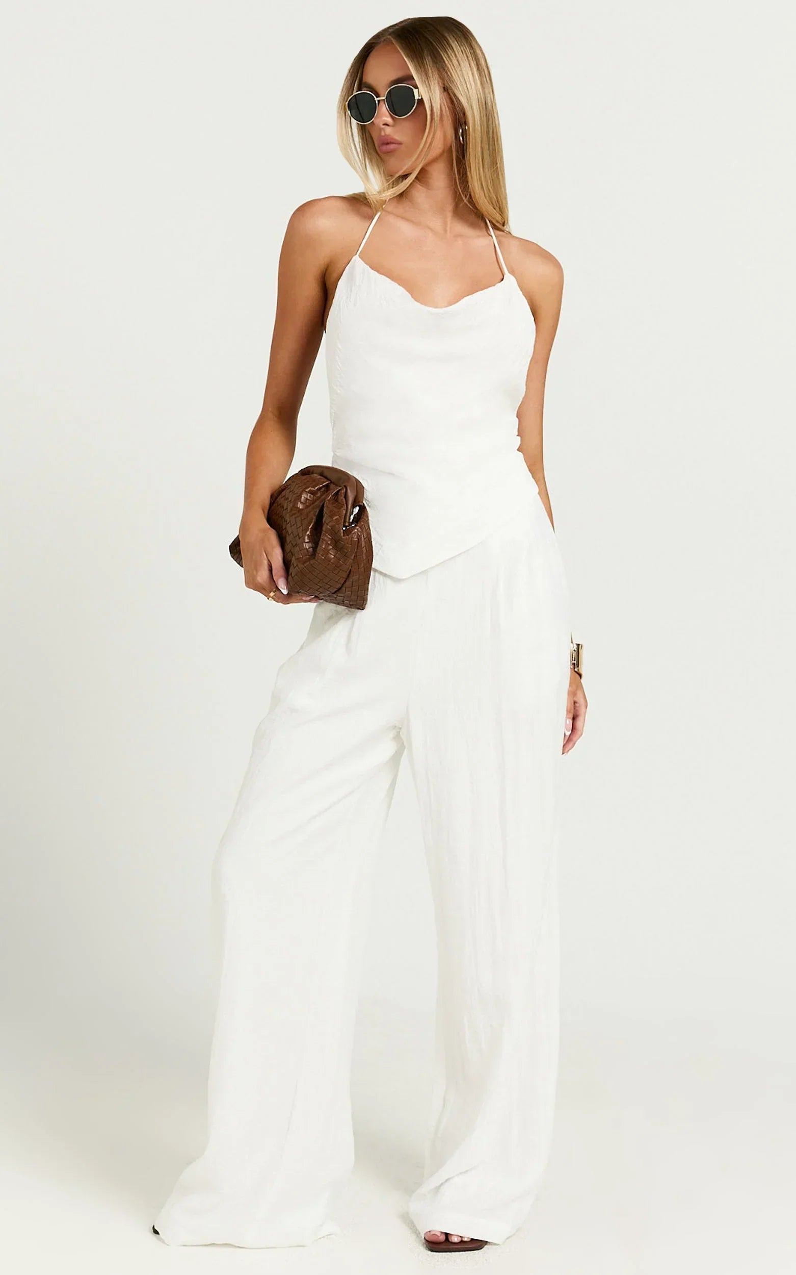 Hilda Top - Cowl Neck Beaded Linen Look Scarf Top in White