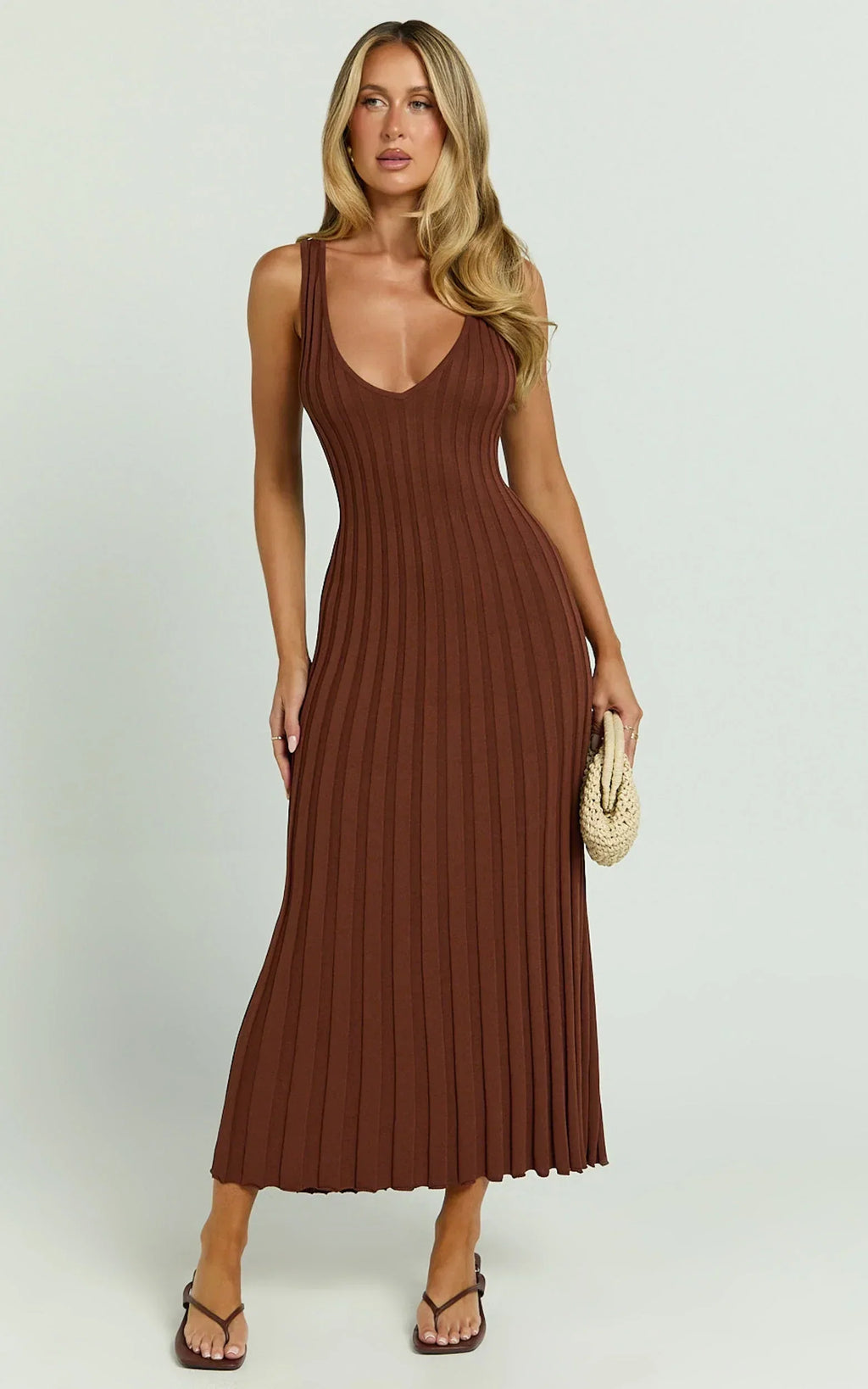 Maya Midi Knit Dress - Sleeveless V Neck Knited Dress in Dark Chocolate
