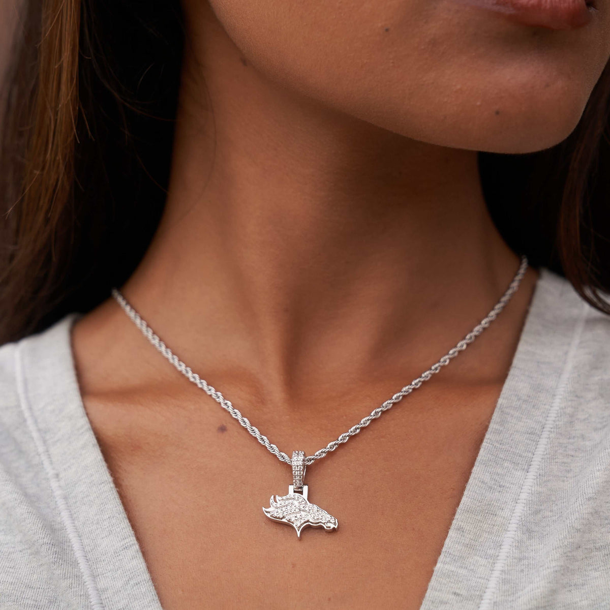 GLD Women Denver Broncos Official NFL Micro Logo Pendant - White Gold