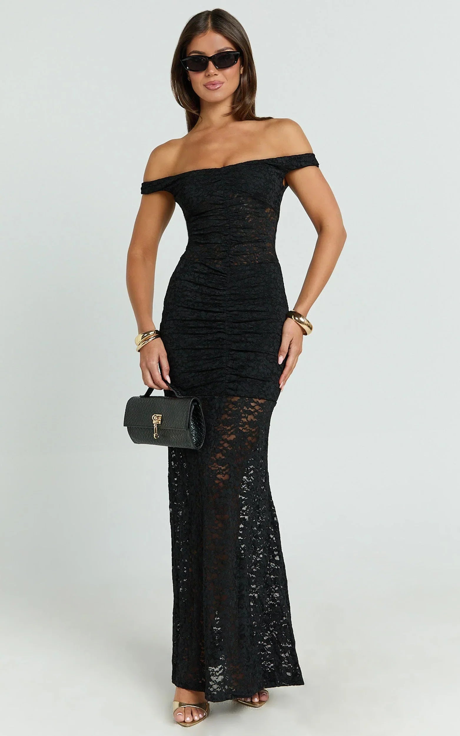 Brenda Maxi Dress - Lace Scoop Neck Keyhole Bodycon Dress in Black