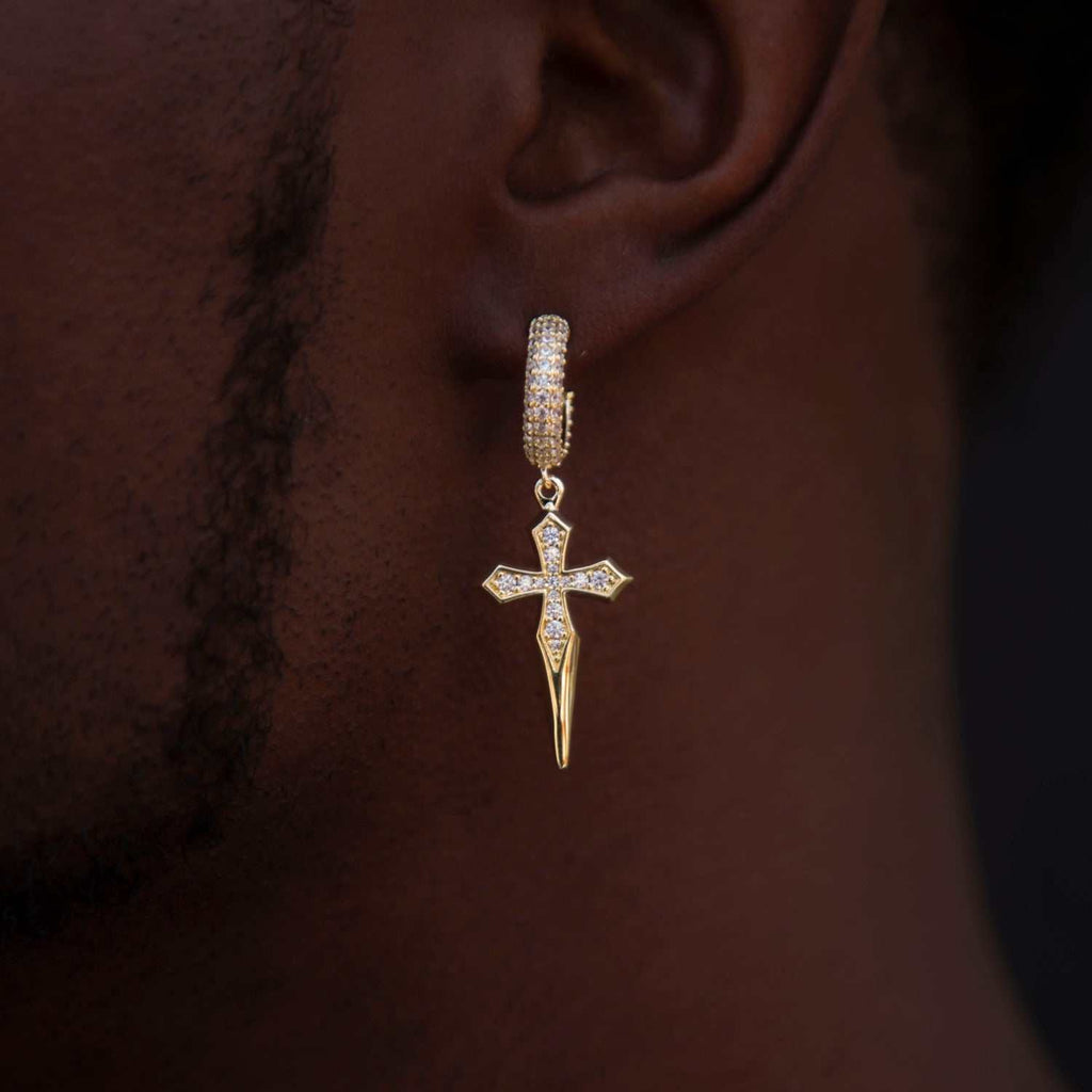 GLD Men GLD Dripping Cross Extra Small Huggie Hoop Earrings in Yellow Gold