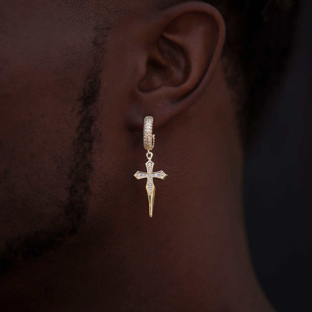 GLD Men GLD Dripping Cross Extra Small Huggie Hoop Earrings in Yellow Gold