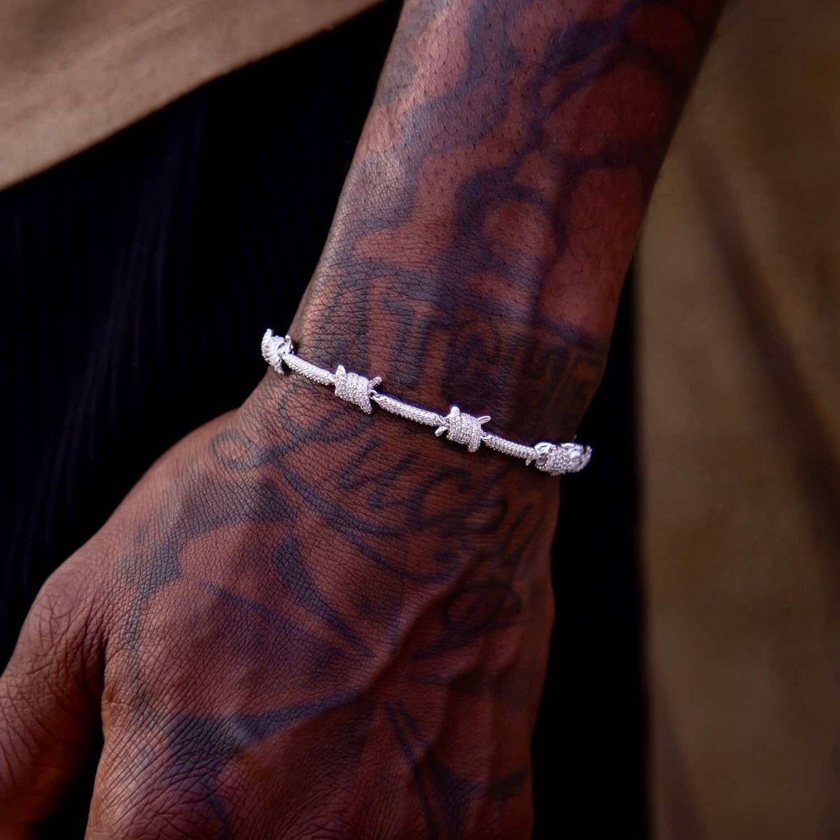 GLD Men Iced Barbed Wire Bracelet in White Gold