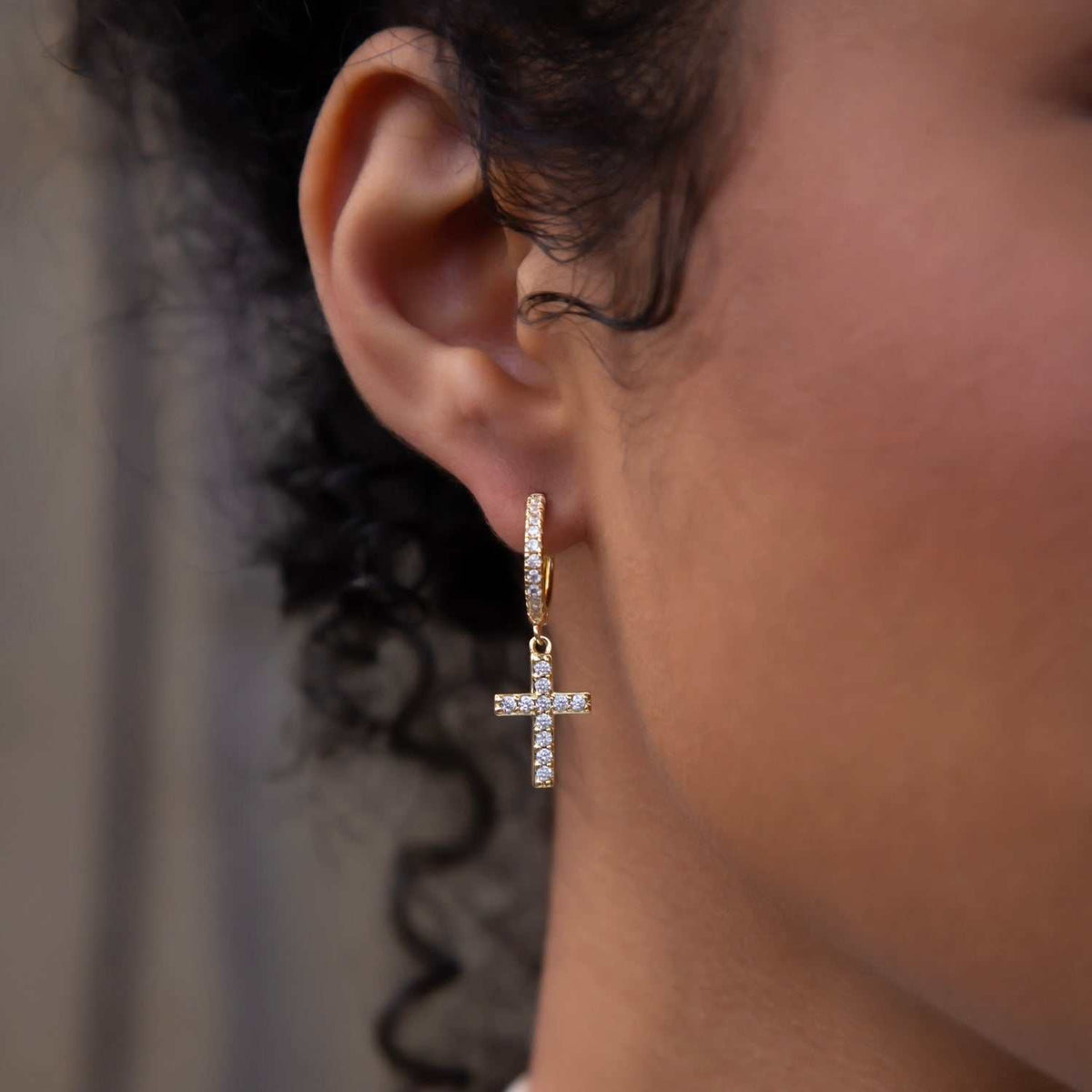 GLD PROMO - WOMEN Diamond Cross Extra Small Huggie Hoop Earrings in Yellow Gold