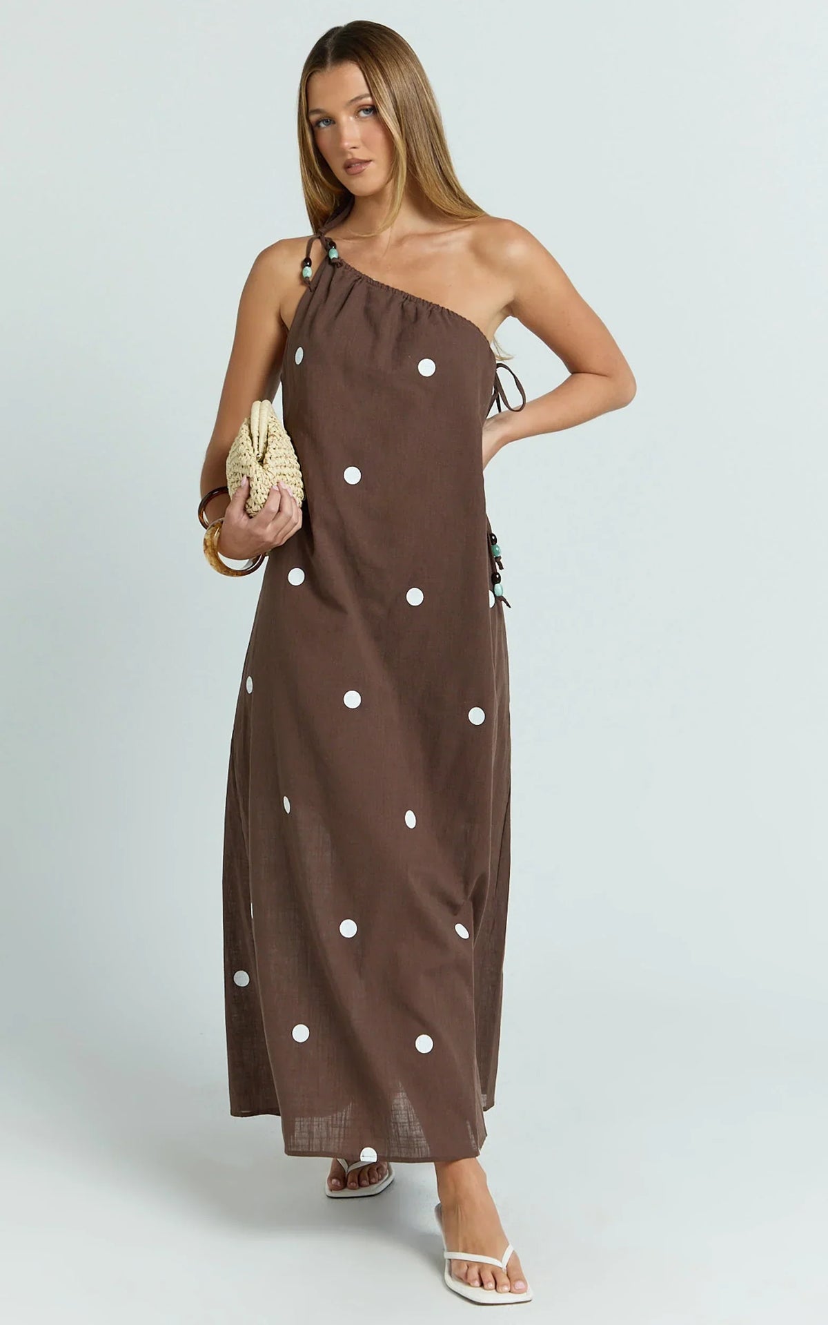 Gia Midi Dress - One Shoulder Dress in Chocolate Polka Dot