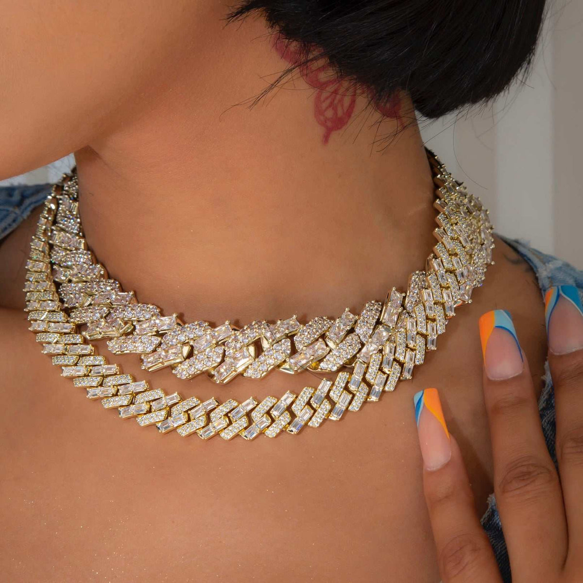 GLD PROMO - WOMEN 12mm Mixed Stone Diamond Cuban Necklace - Yellow Gold
