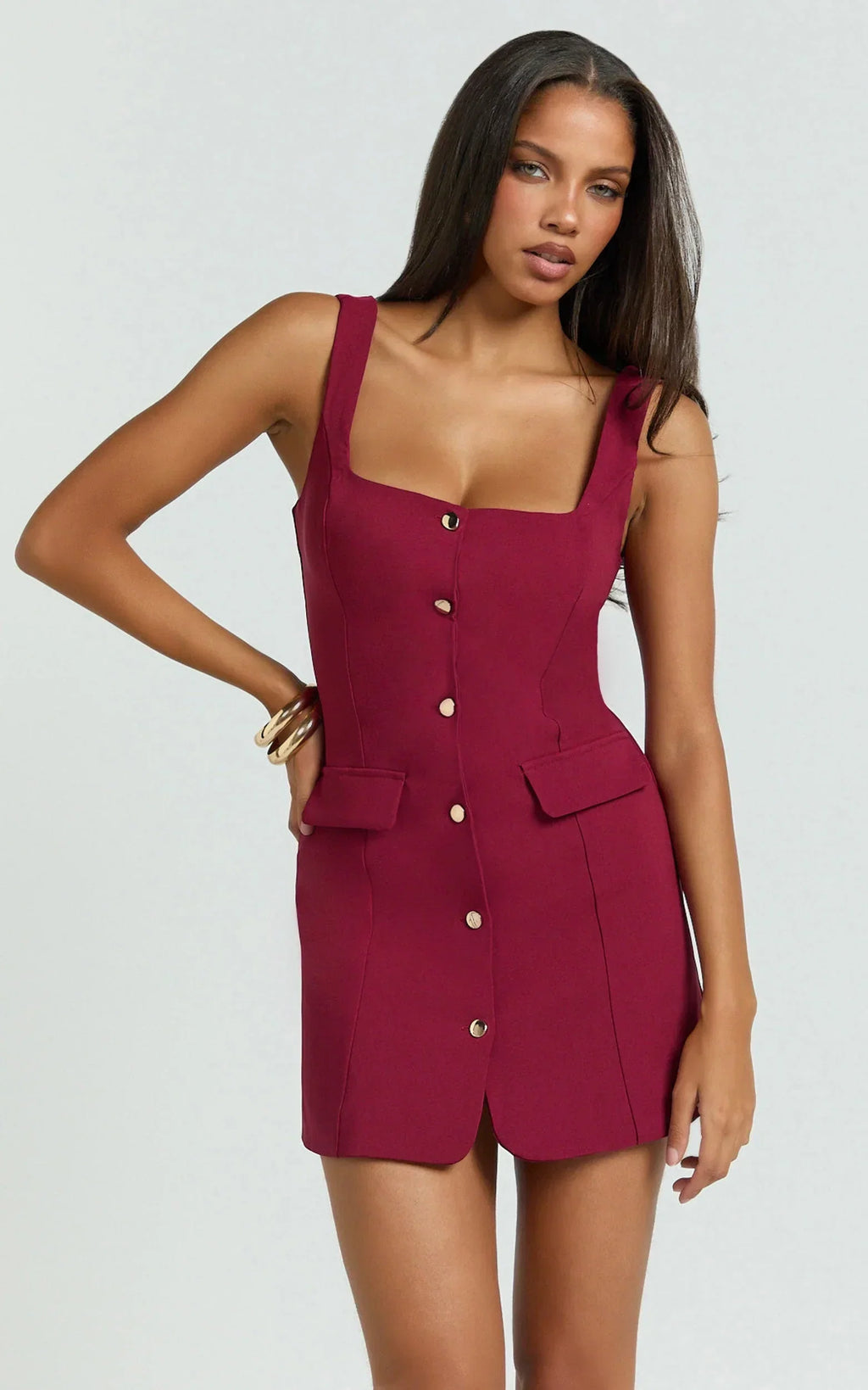 Kenna Mini Dress - Square Neck Button Down Mini Dress in Wine