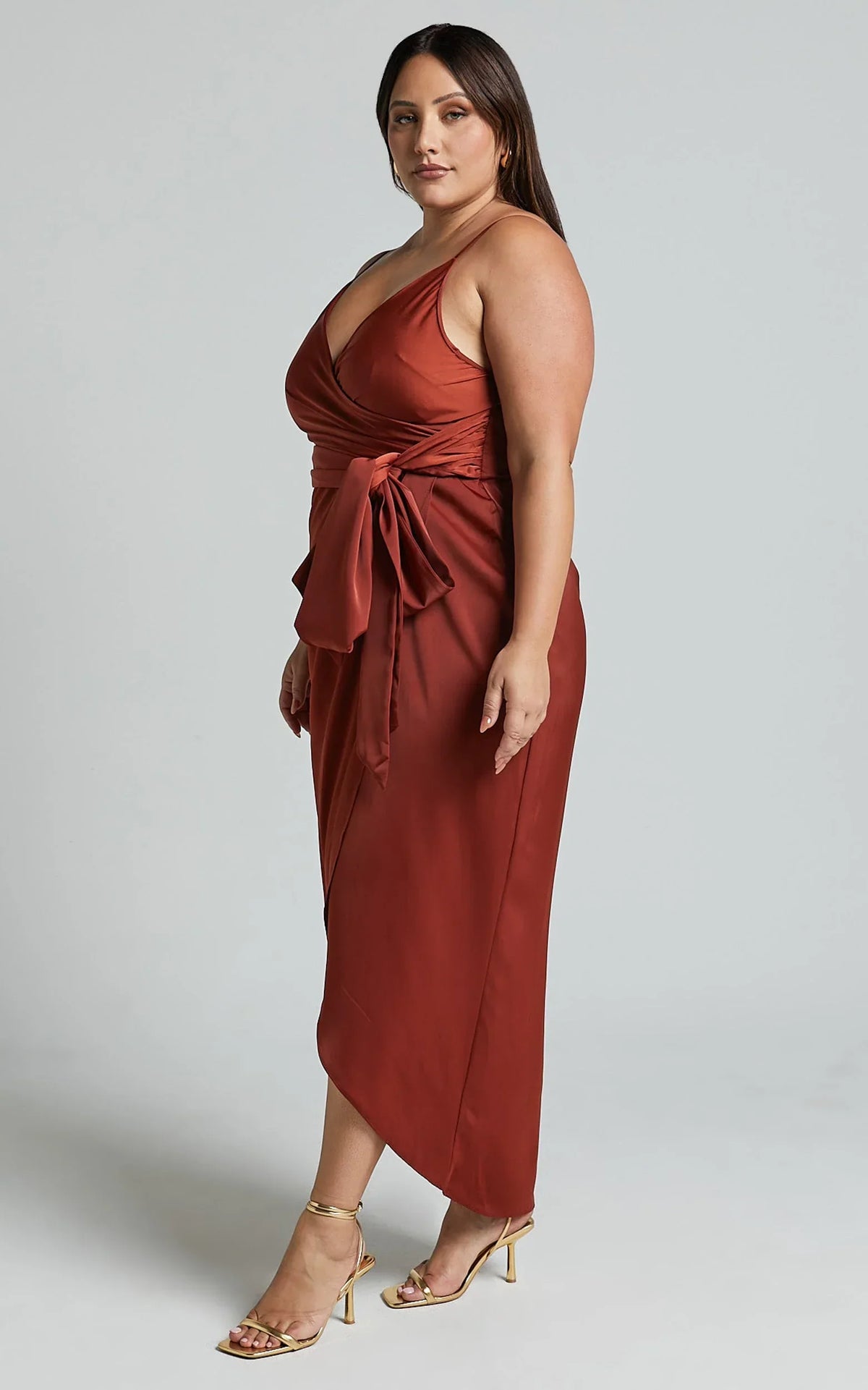 How Will I Know Midi Dress - Wrap Waist Tie Tulip Hem Dress in Copper