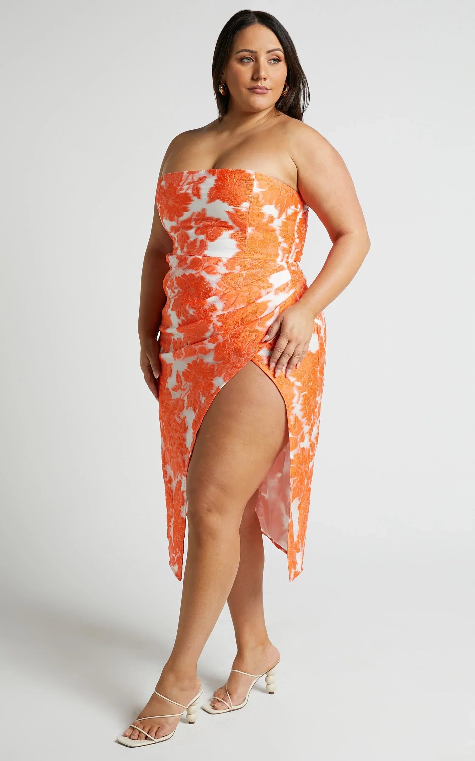 Brailey Midi Dress - Thigh Split Strapless Dress in Orange & White Jacquard