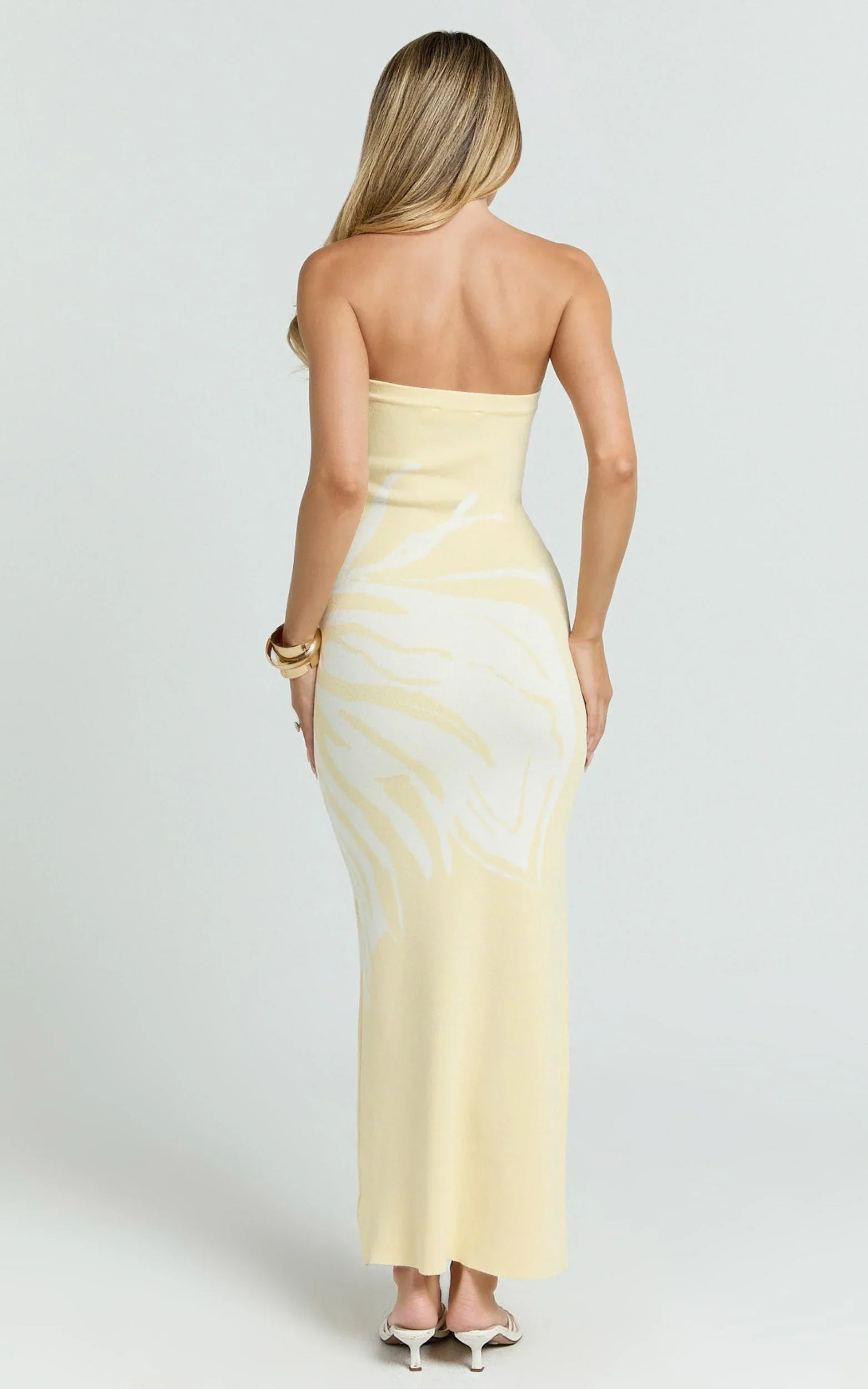Rema Maxi Dress - Intarsia Floral Strapless Knitted Dress in Lemon