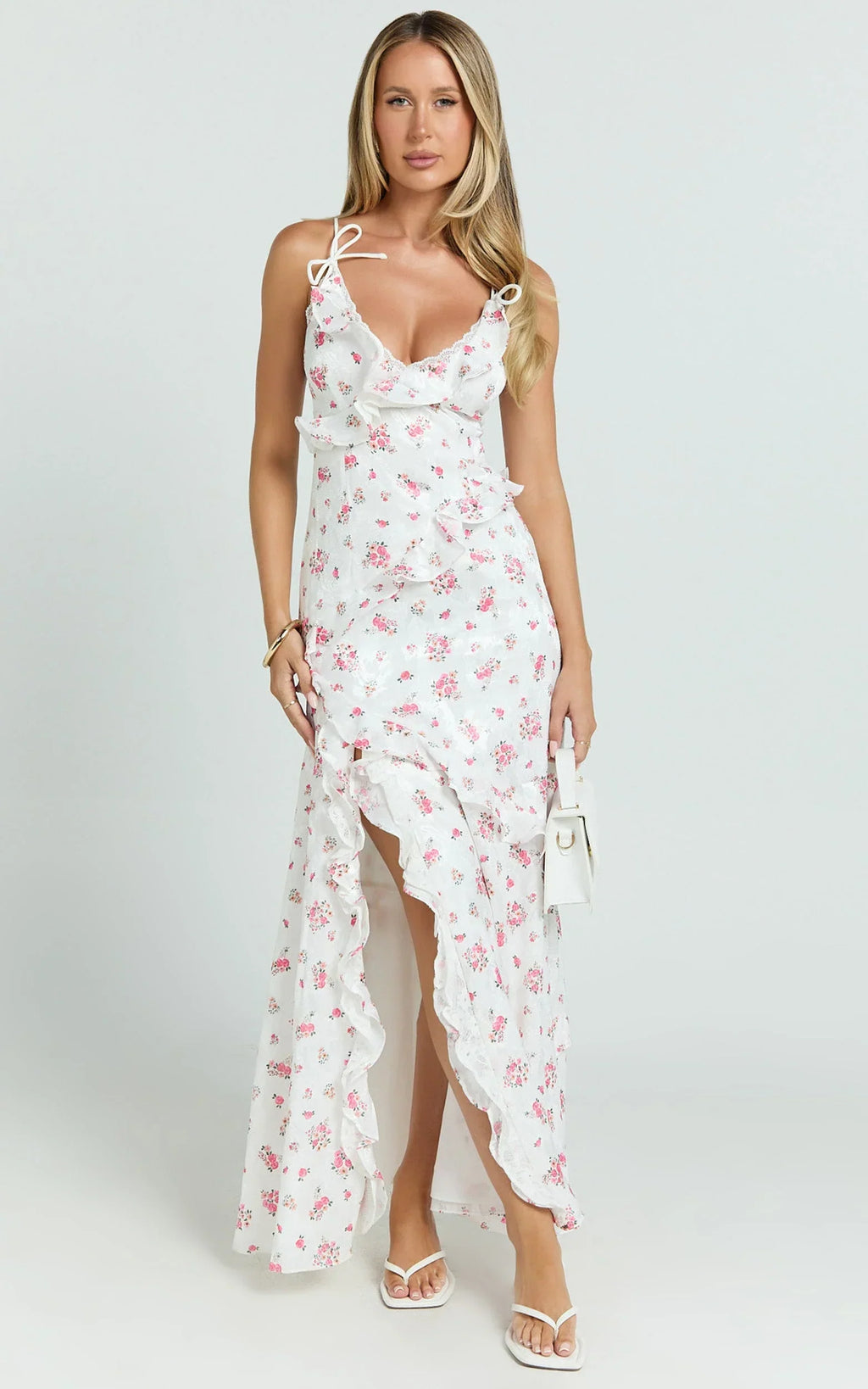 Justine Maxi Dress - Jacquard V Neck Ruffle Tiered  Dress in Romantic Ditsy Print