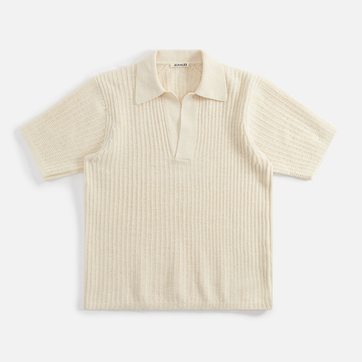 Auralee Brushed Cotton Wool Rib Knit Skipper Polo - White