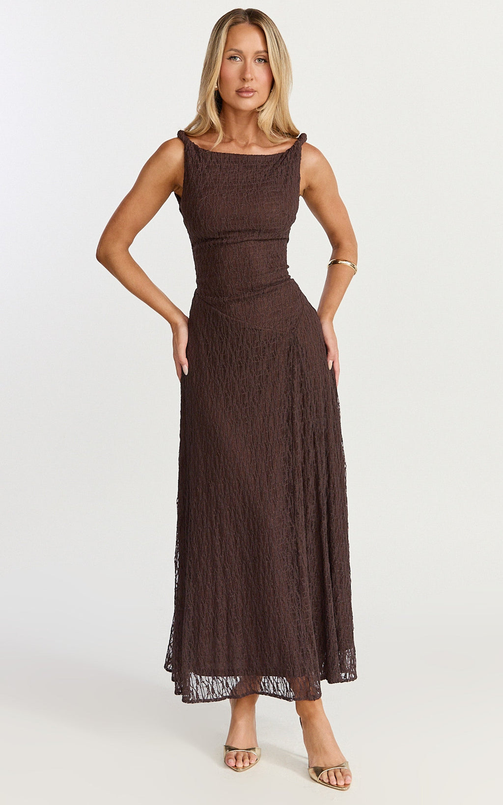Abby Midi Dress - High Neck Asym Detail Dress in Chocolate