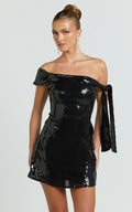 Ace Mini Dress - Sequin Off Shoulder Tie Detail Dress in Black