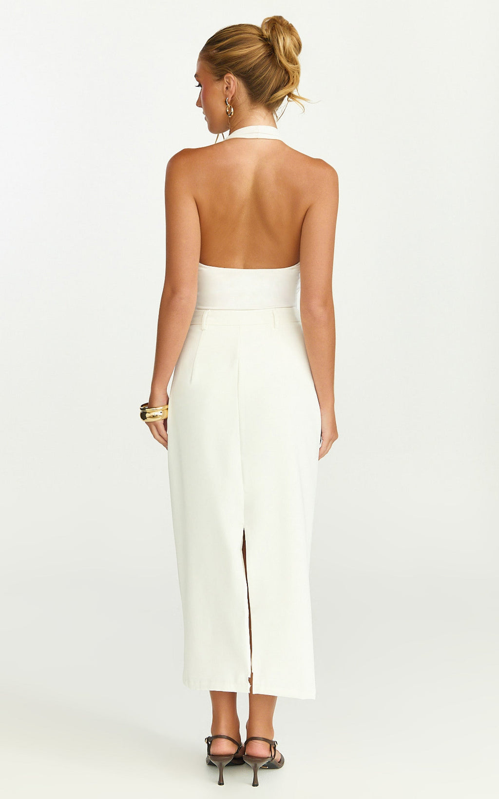 Alanna Midi Skirt - High Waisted Back Split Pencil Skirt in White