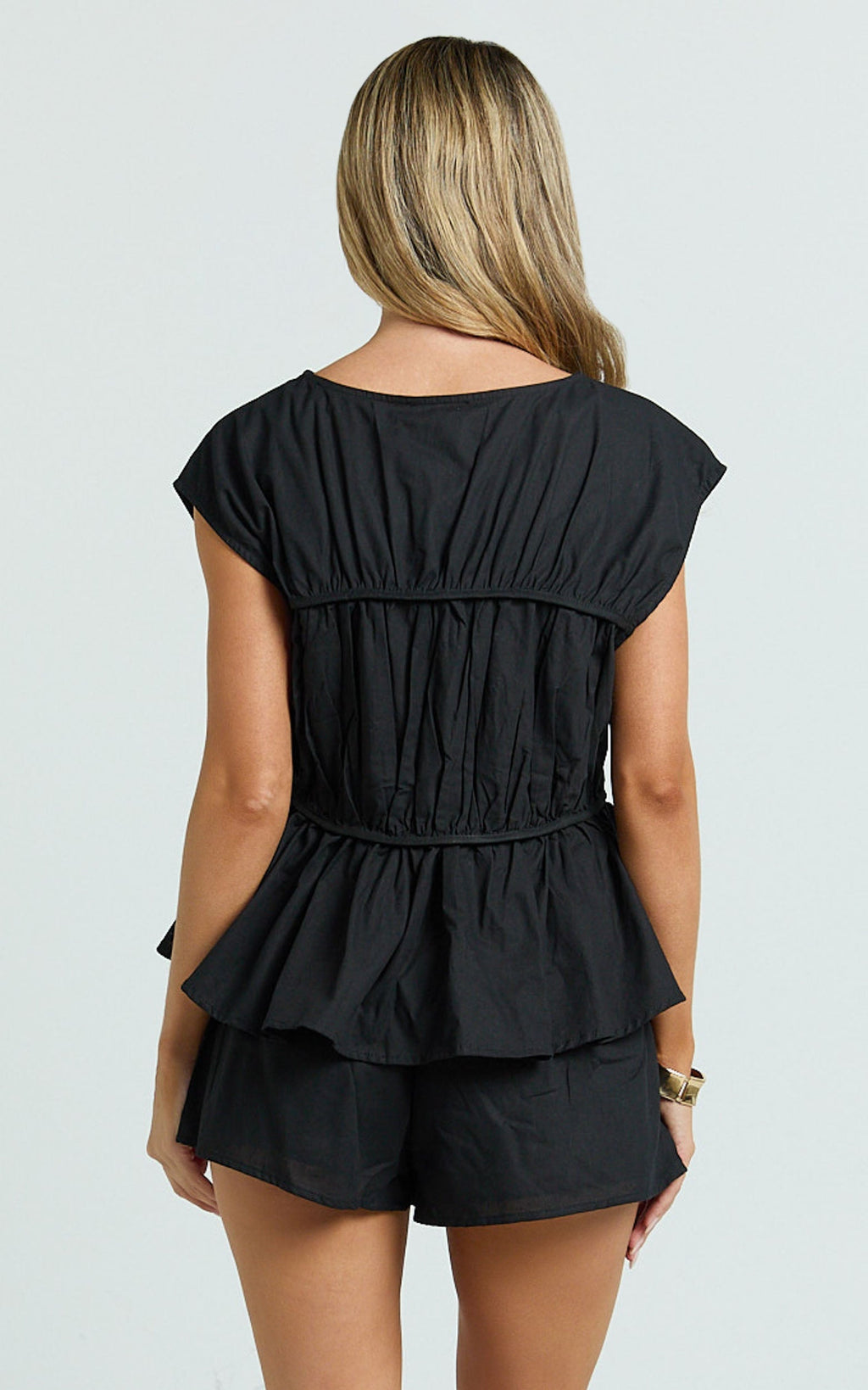 Alina Two Piece Set - Ruched Detail Top and Short Pants Set in Black