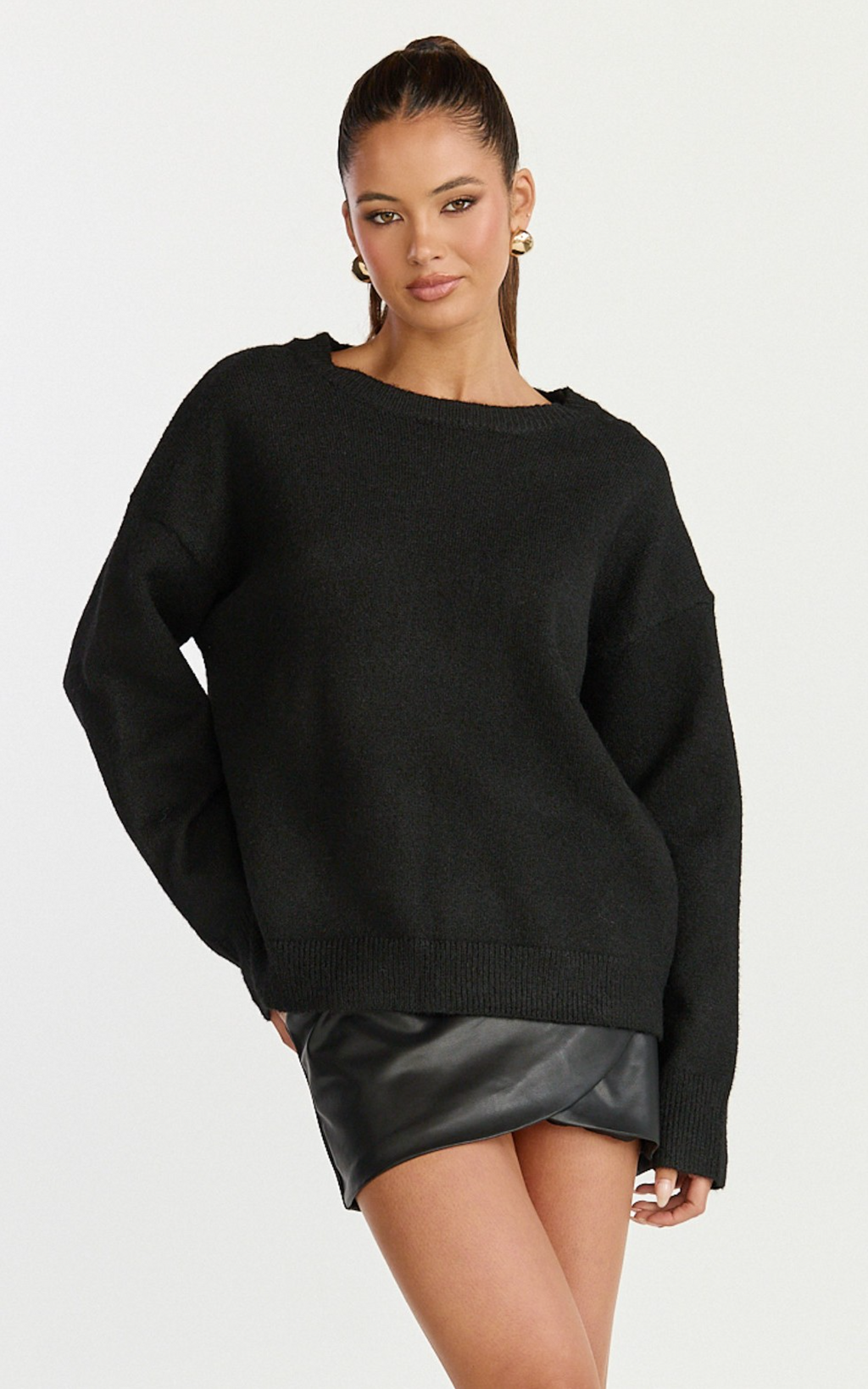 Amanda Jumper - Crew Neck Long Sleeve Knit Sweater in Black