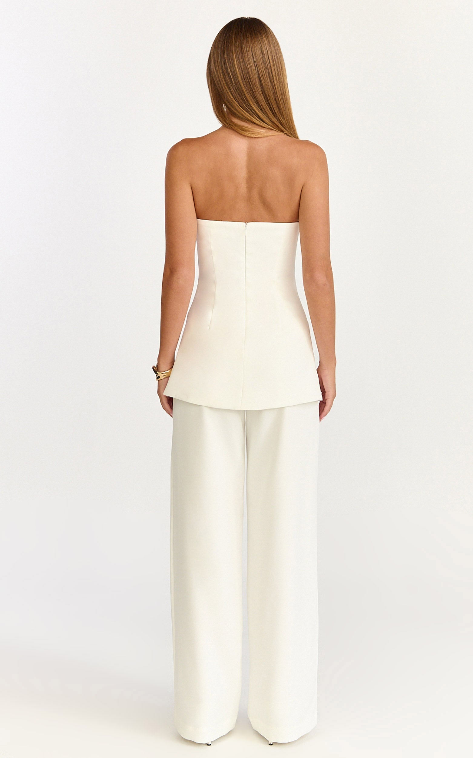 Amelia Two Piece Top and Pant Set - Strapless Button Down Top And Tailored Wide Leg Pants Set in White