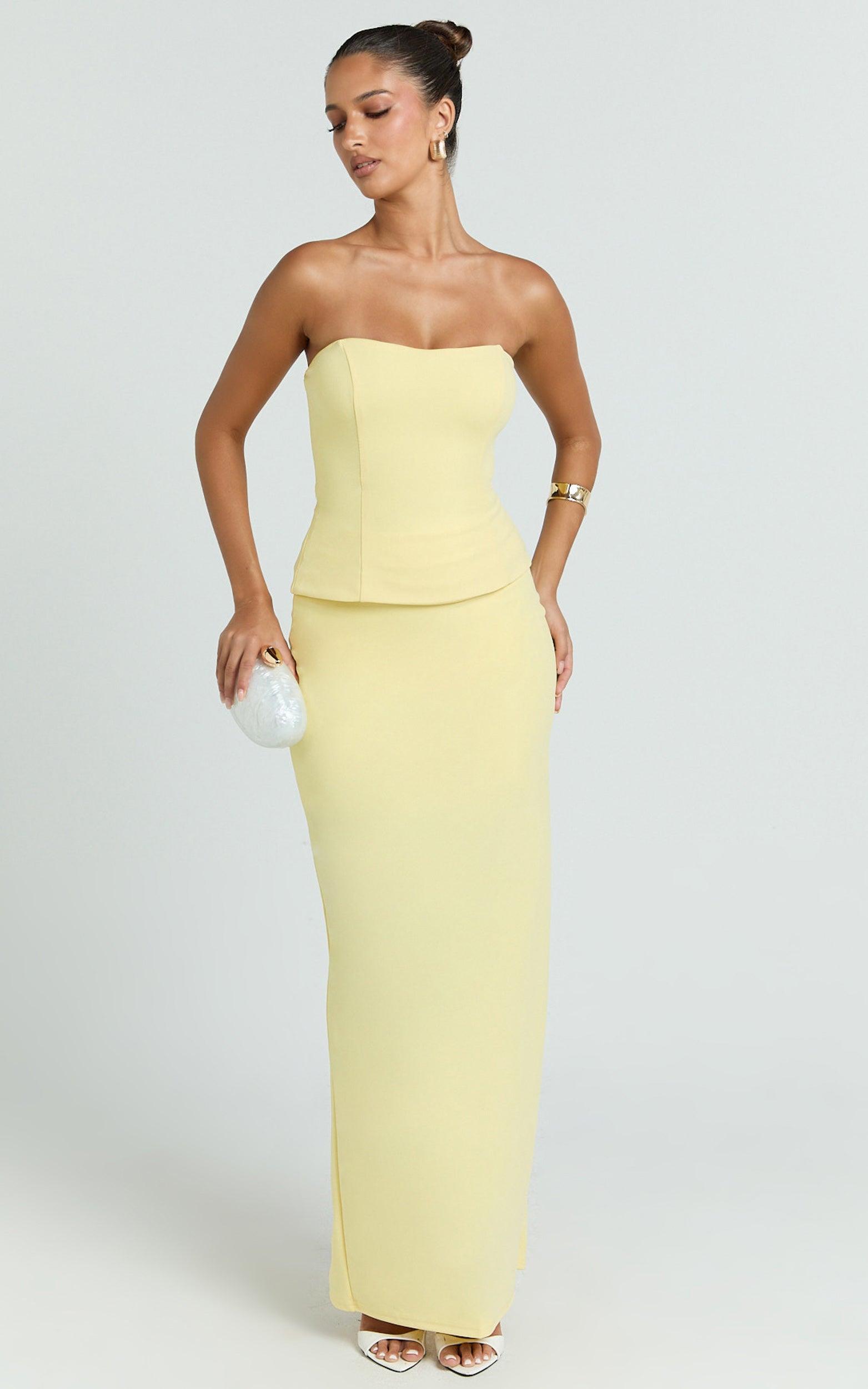 Anya Two Piece Top and Skirt Set - Strapless Fit And Flare Top And Maxi Skirt in Lemon