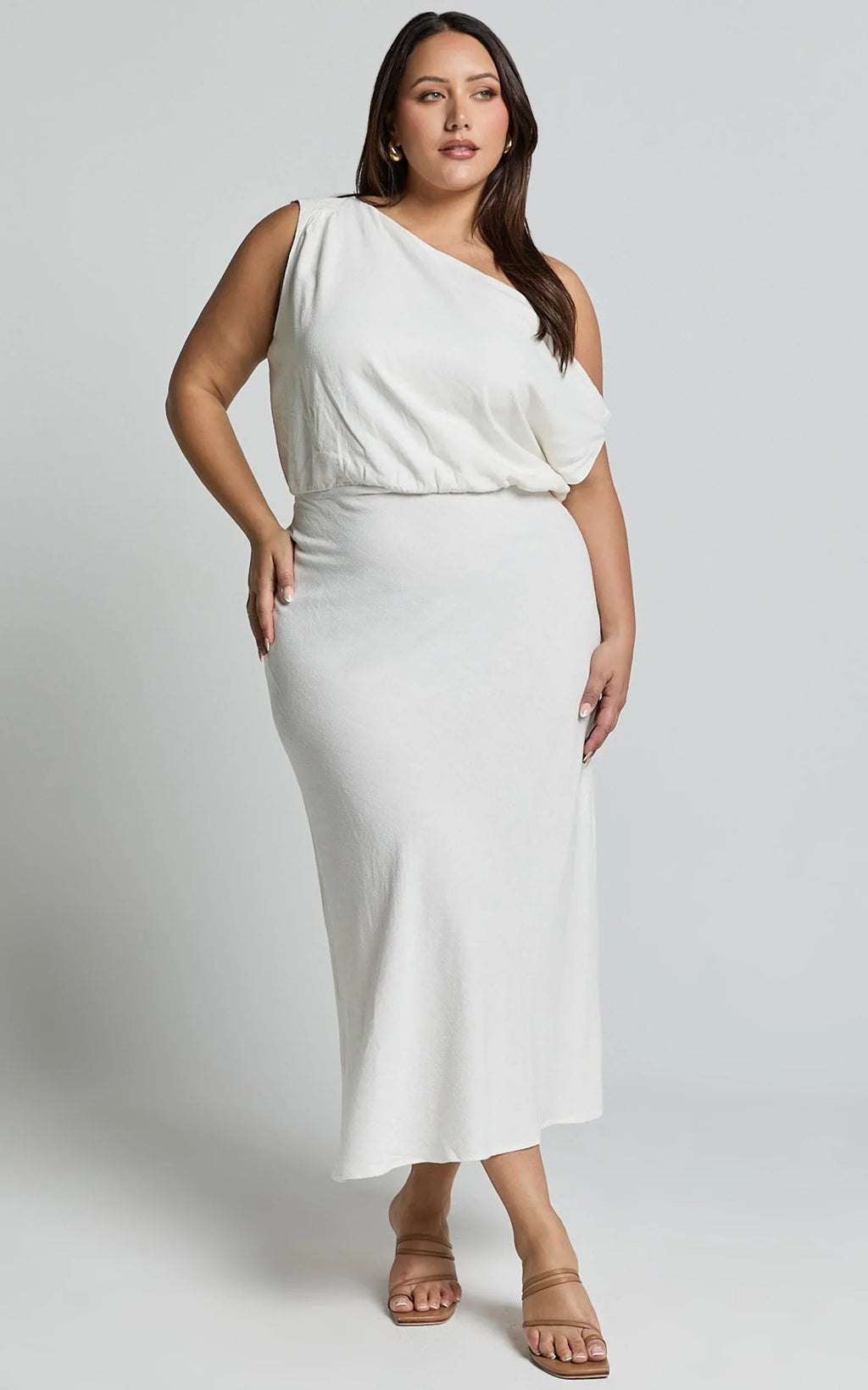 Jacqueline Midi Dress - Linen One Shoulder Dress in White