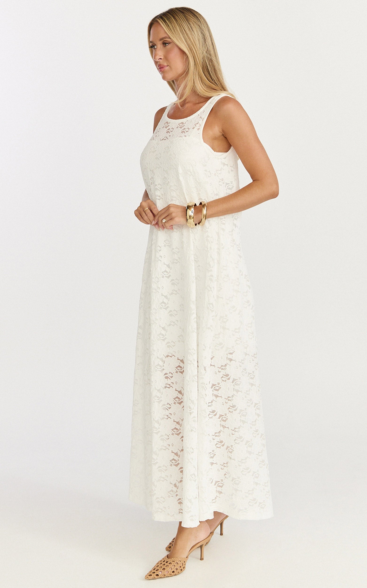 Bella Midi Dress - Lace Shift Dress in Off White