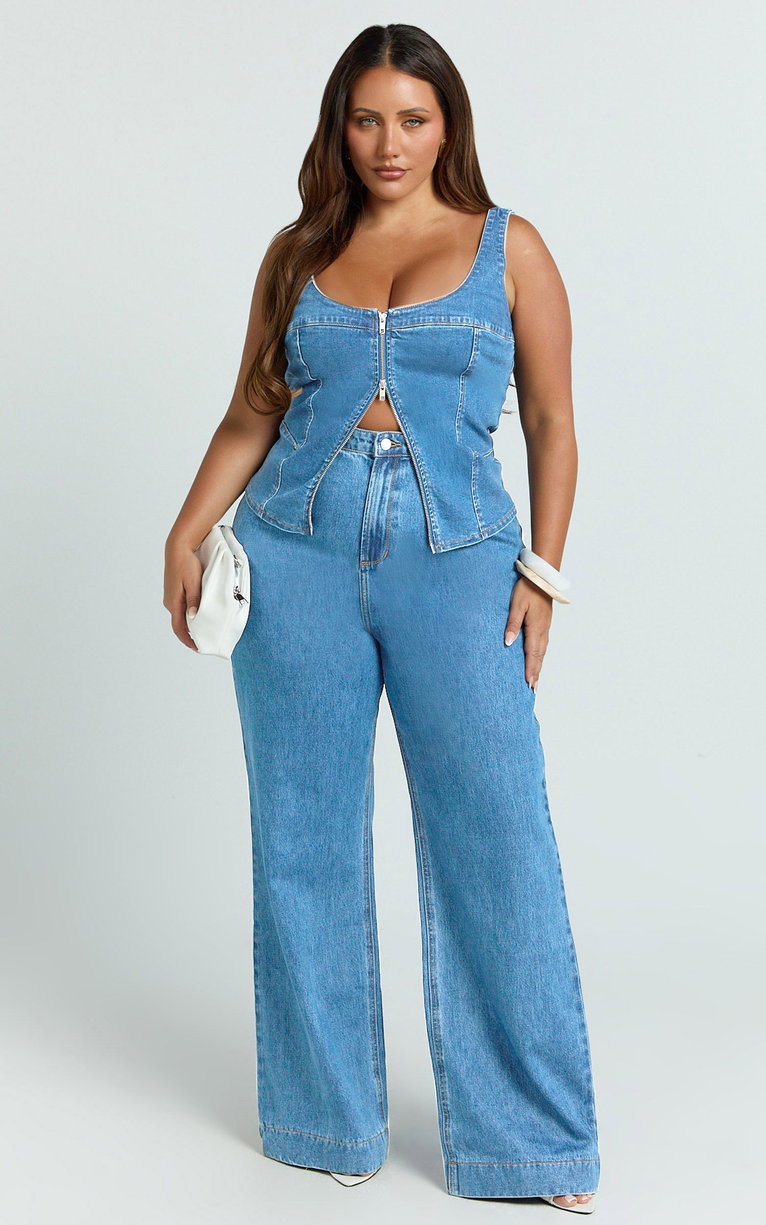 Bellerose Top - Front Zip Denim Fitted Top in Mid Blue