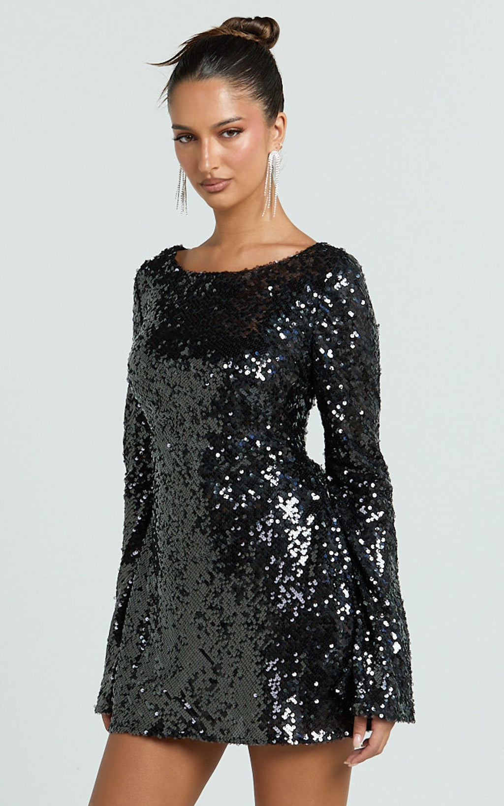 Bertina Mini Dress - Sequin Scoop Neck Low Back Dress in Black