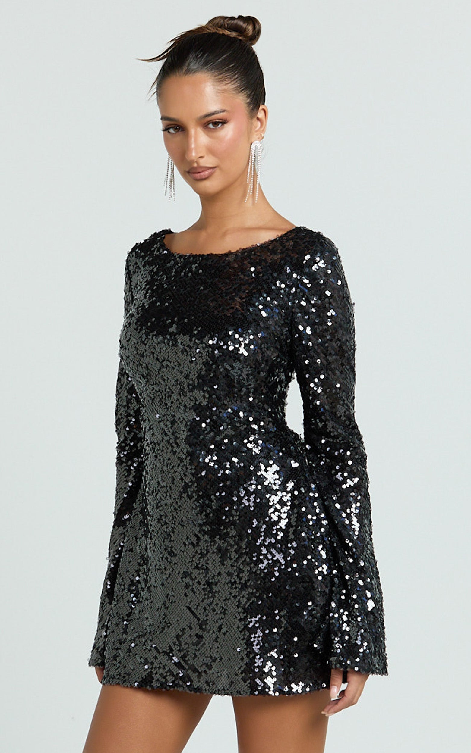Bertina Mini Dress - Sequin Scoop Neck Low Back Dress in Black