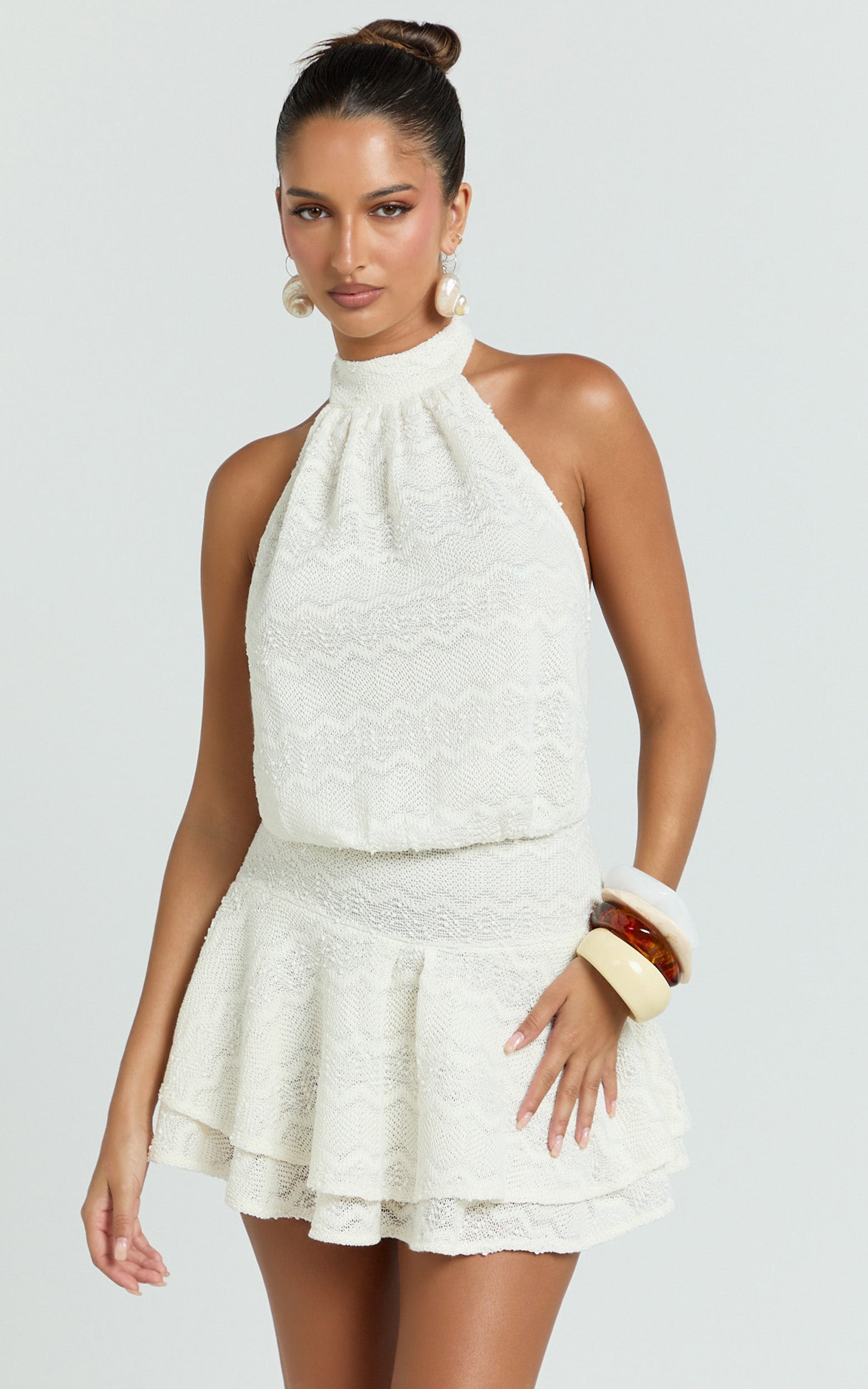 Bonnie Mini Dress - Backless Halter Drop Waist Dress in Ivory