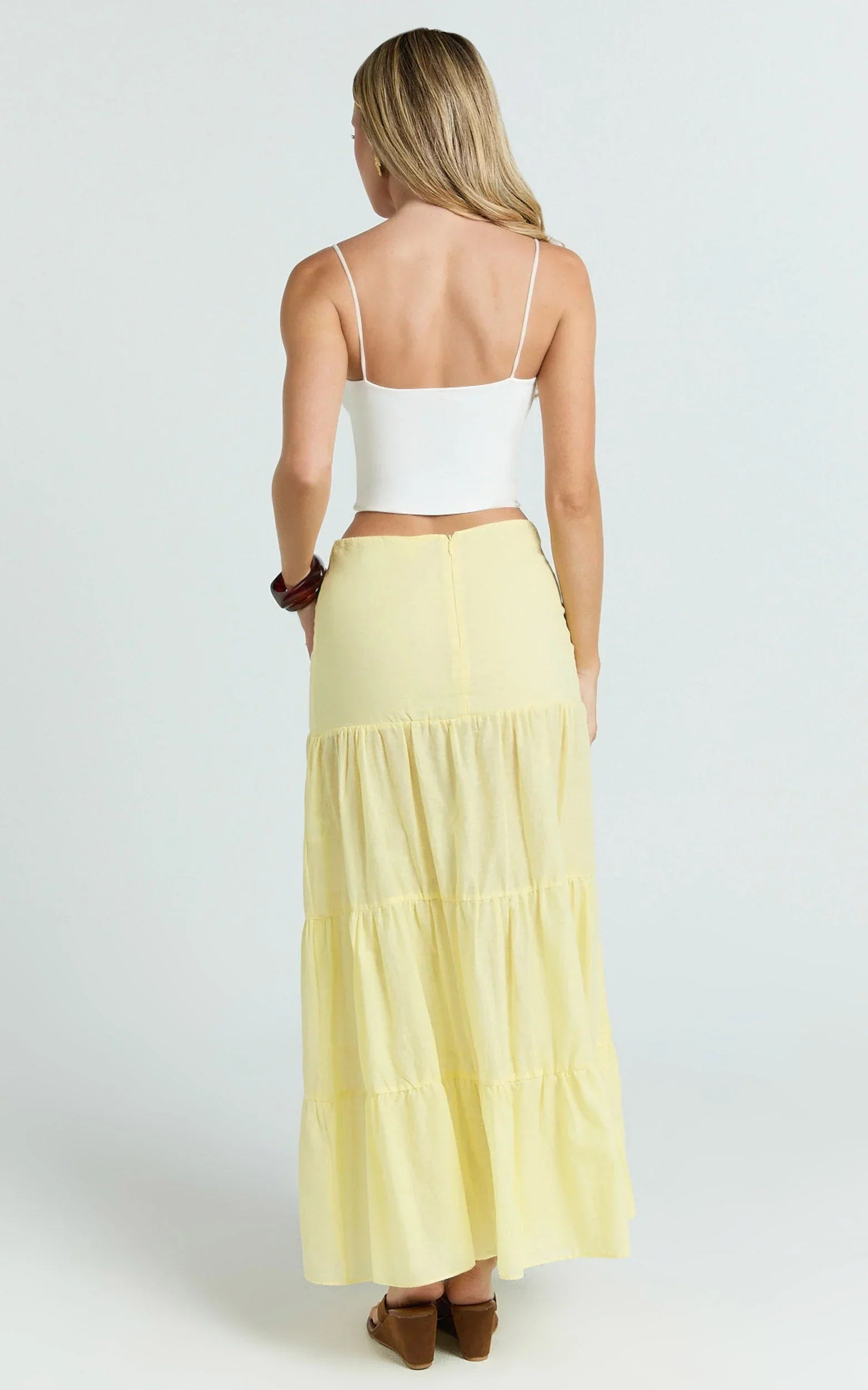 Rosalie Maxi Skirt - High Waist Tiered Maxi Skirt in Pastel Yellow