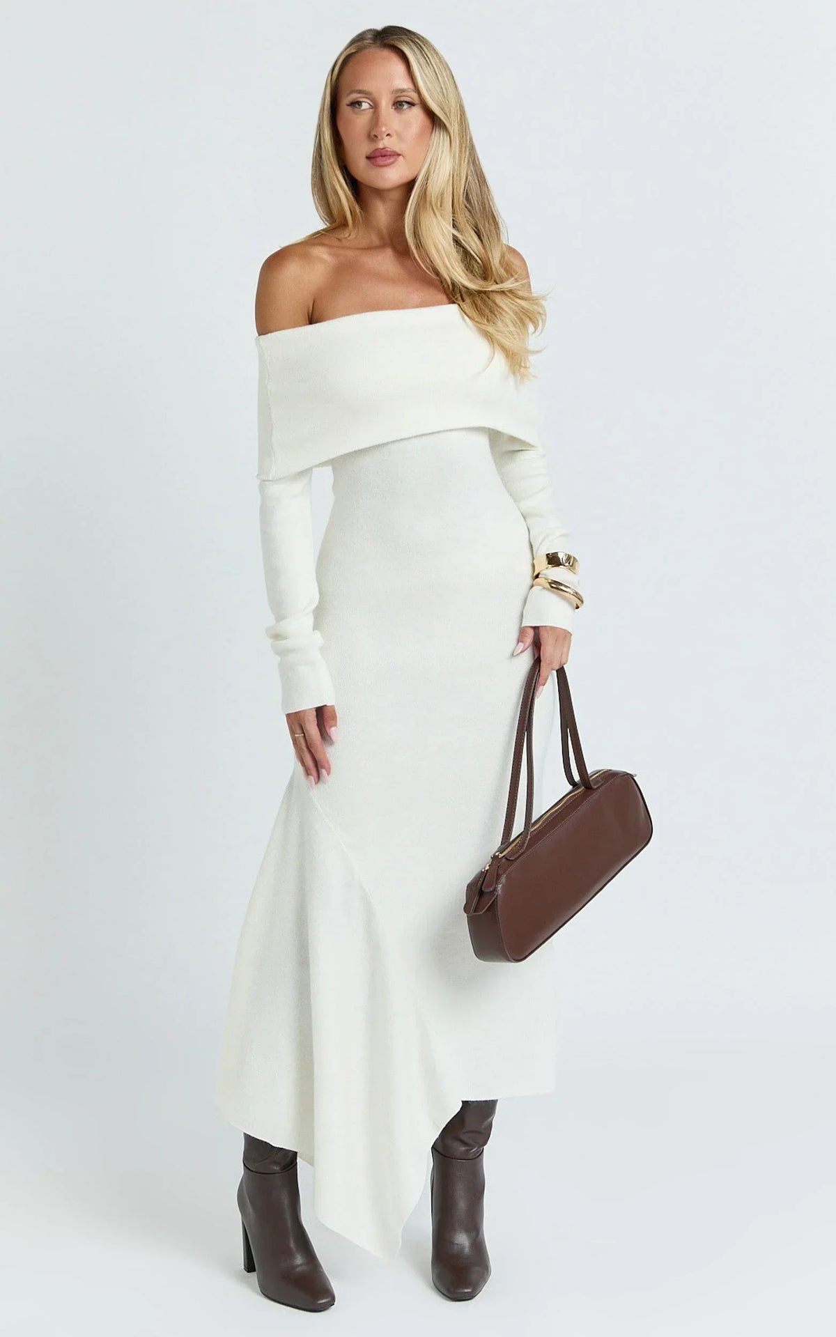 Karina Midi Dress - Long Sleeve Folded Off Shoulder Asymmetric Dress in Cream