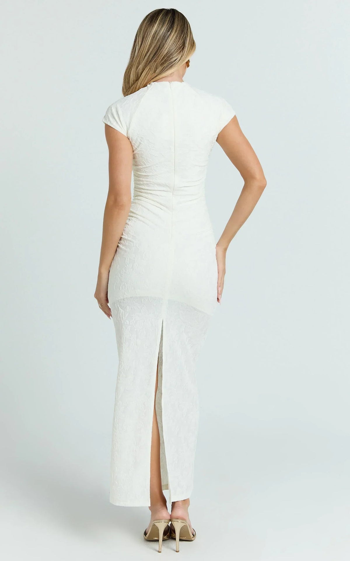 Kayrene Maxi Dress - Short Sleeve Jacquard Dress in Cream