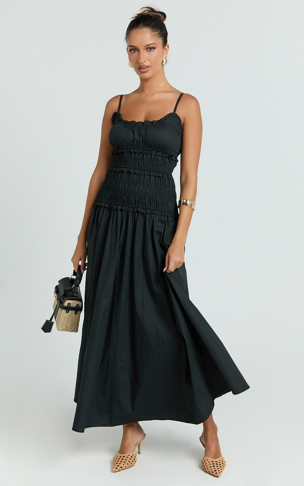 Cami Midi Dress - Rushed Bodice Dress in Black