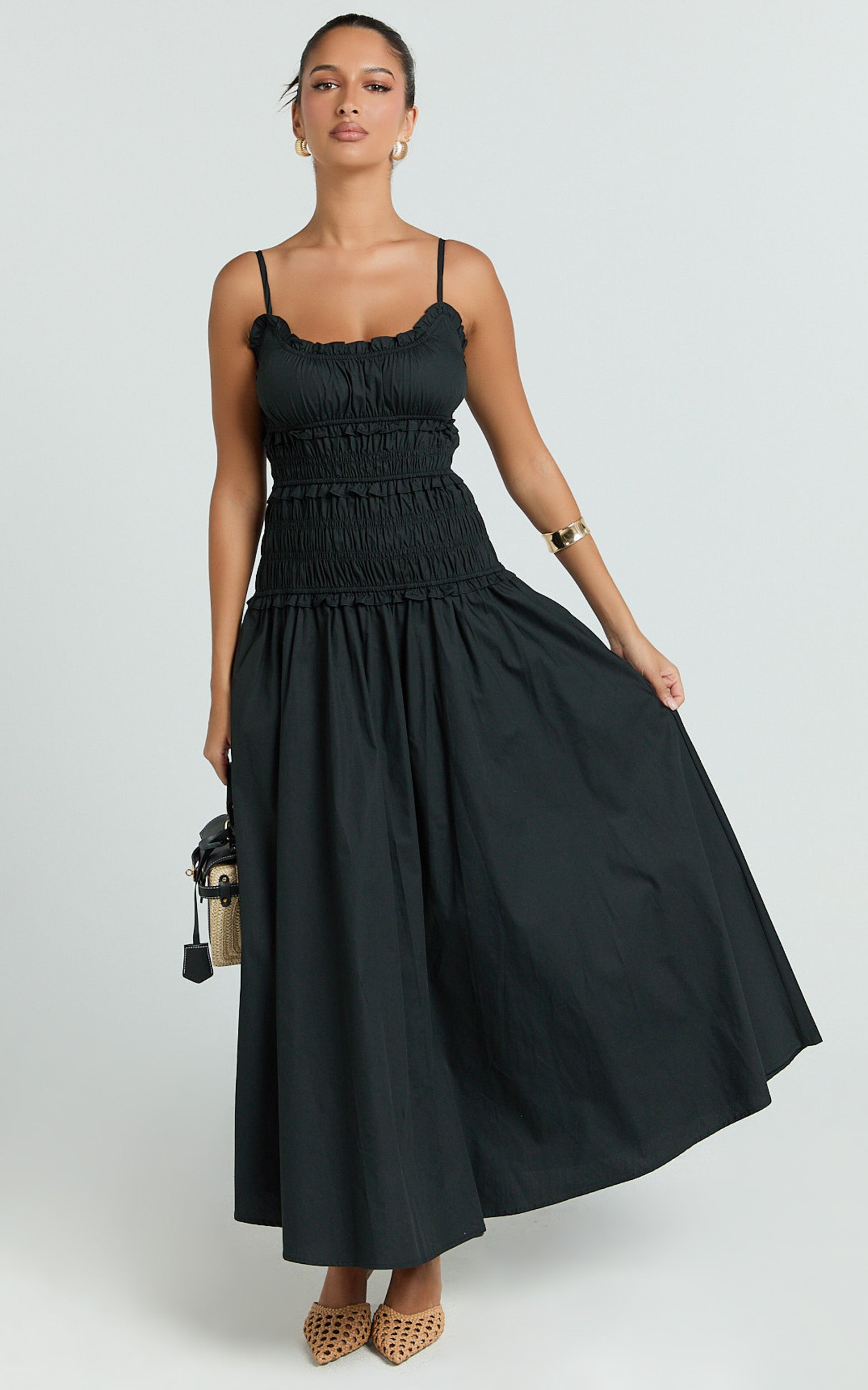 Cami Midi Dress - Rushed Bodice Dress in Black
