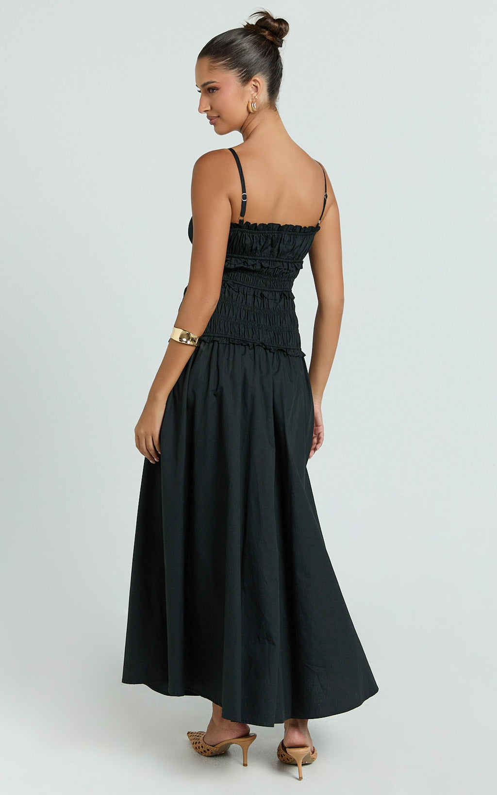 Cami Midi Dress - Rushed Bodice Dress in Black