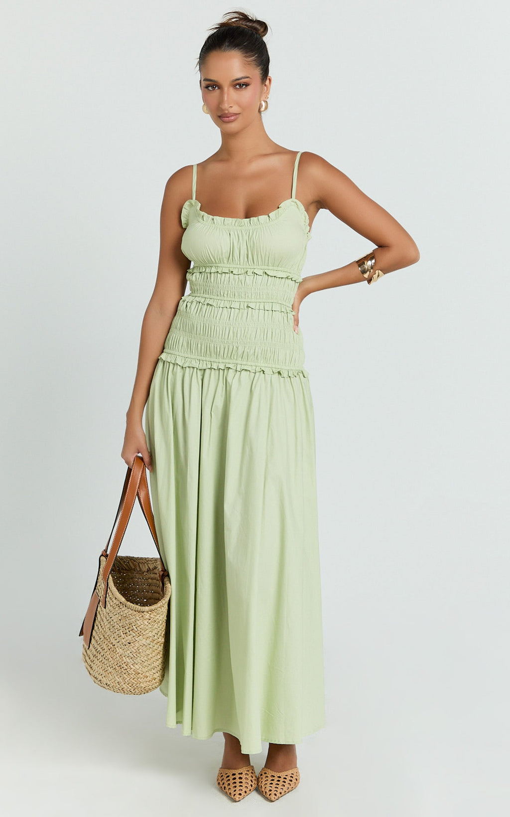 Cami Midi Dress - Rushed Bodice Dress in Sage