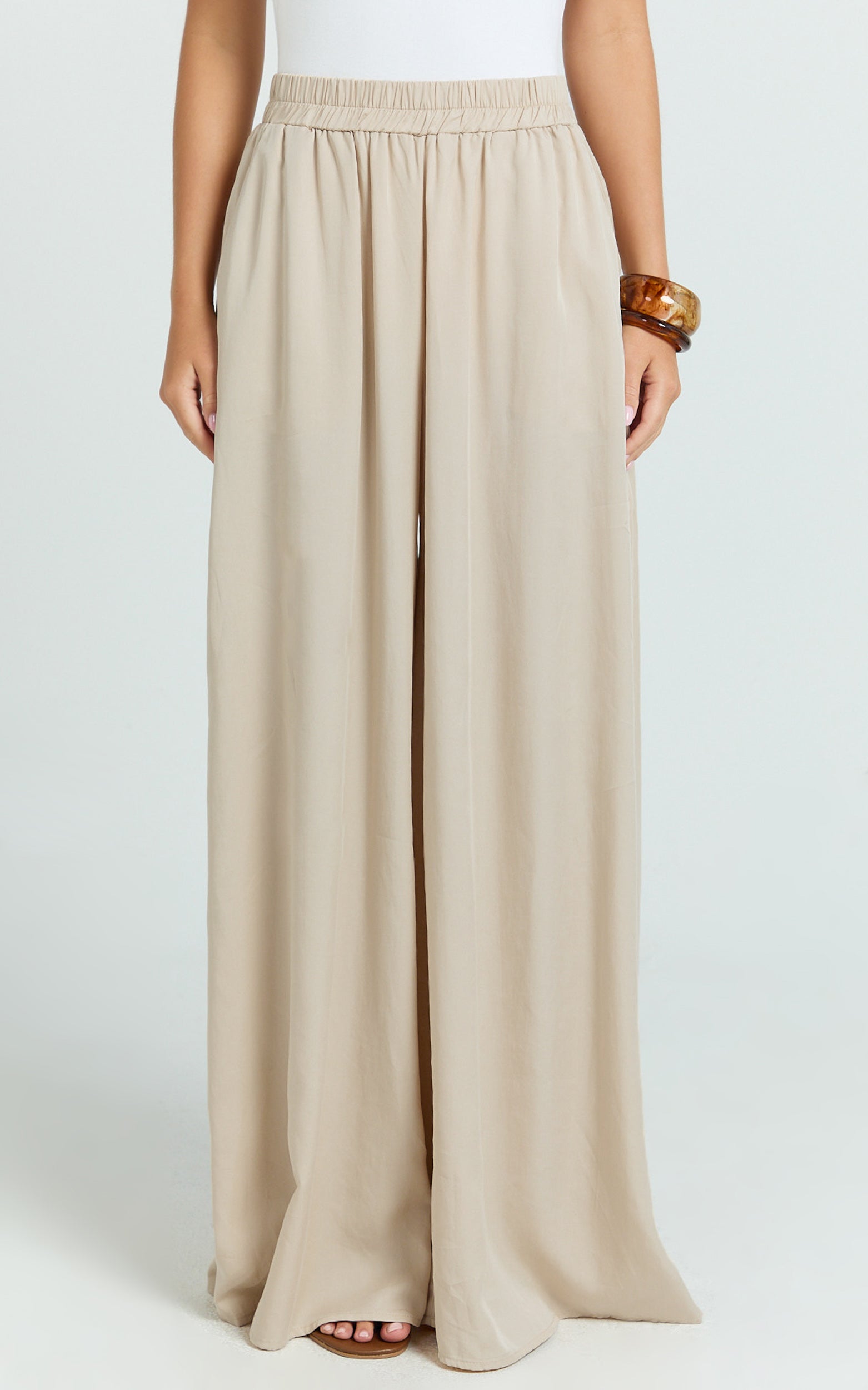 Cardi Pants - High Waist Elastic Wide Leg Pants in Stone
