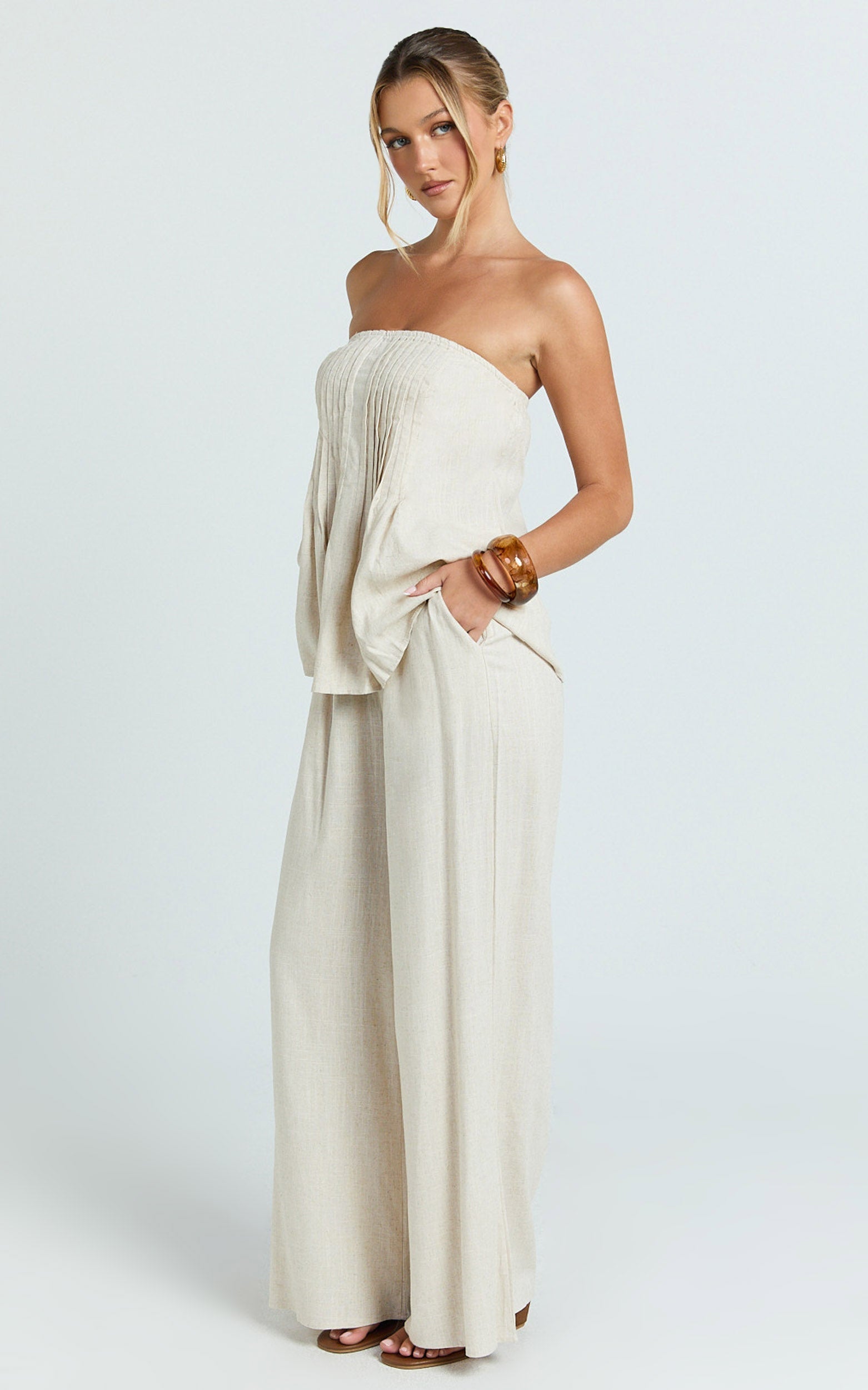 Carli Two Piece Top and Pants Set - Cotton Tube Pant Set in Beige