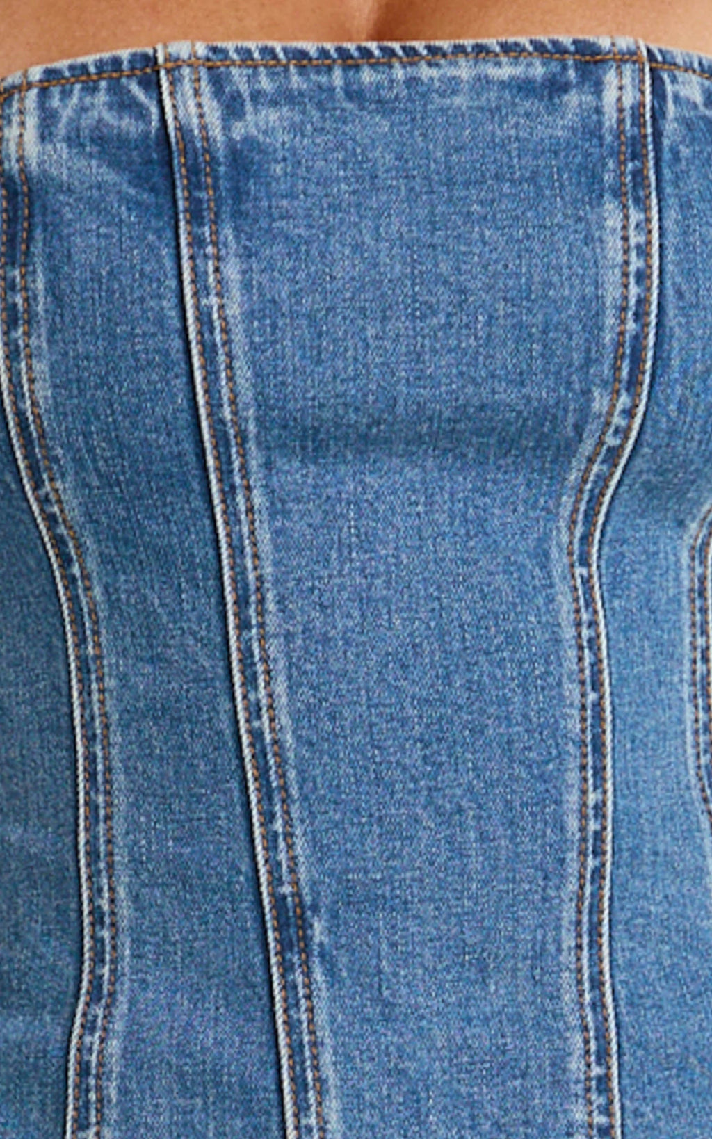 Chaney Top - Panelled Denim Halter Neck Top in Mid Blue Wash