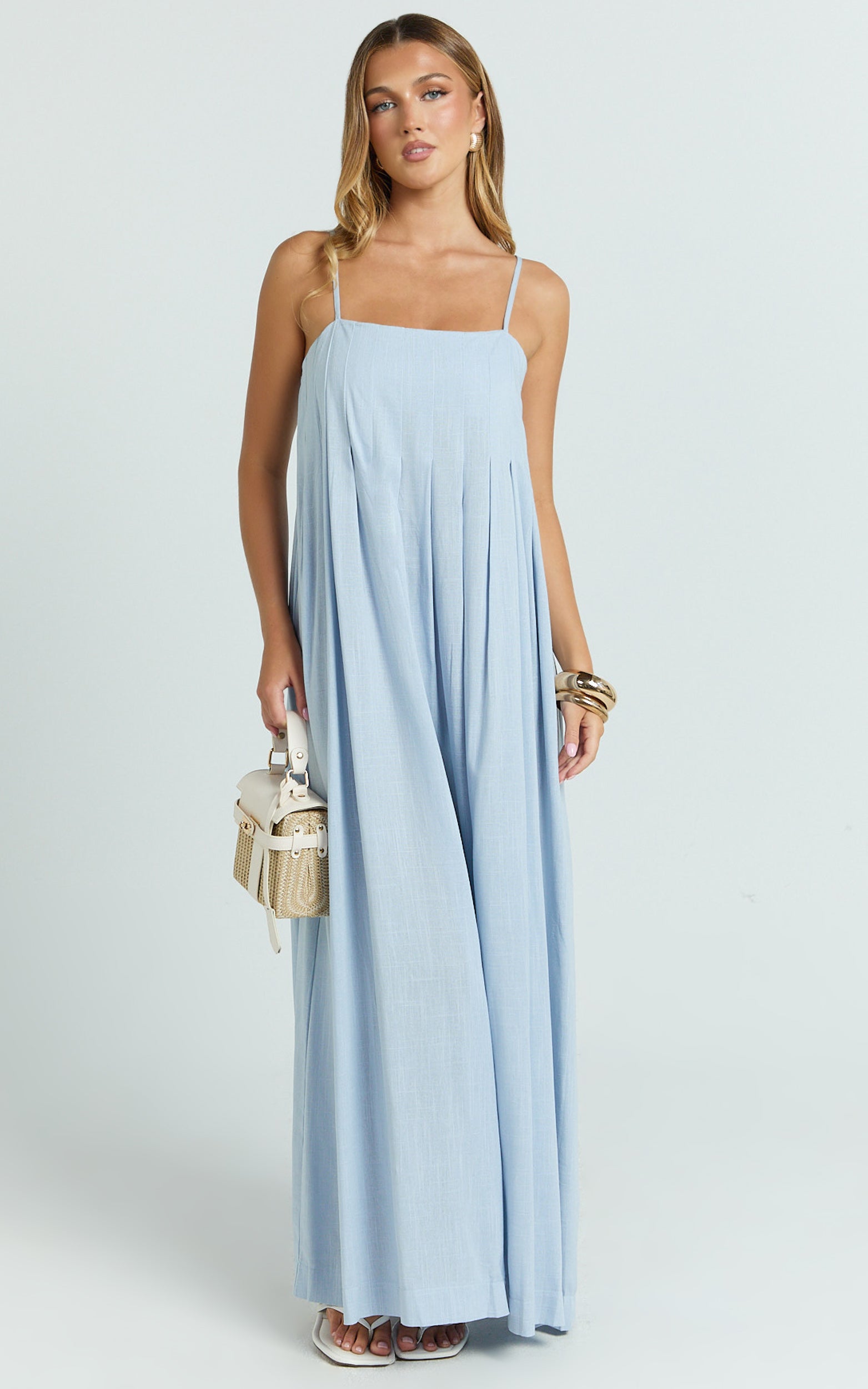 Cloe Maxi Dress - Pleated Detail Dress in Blue