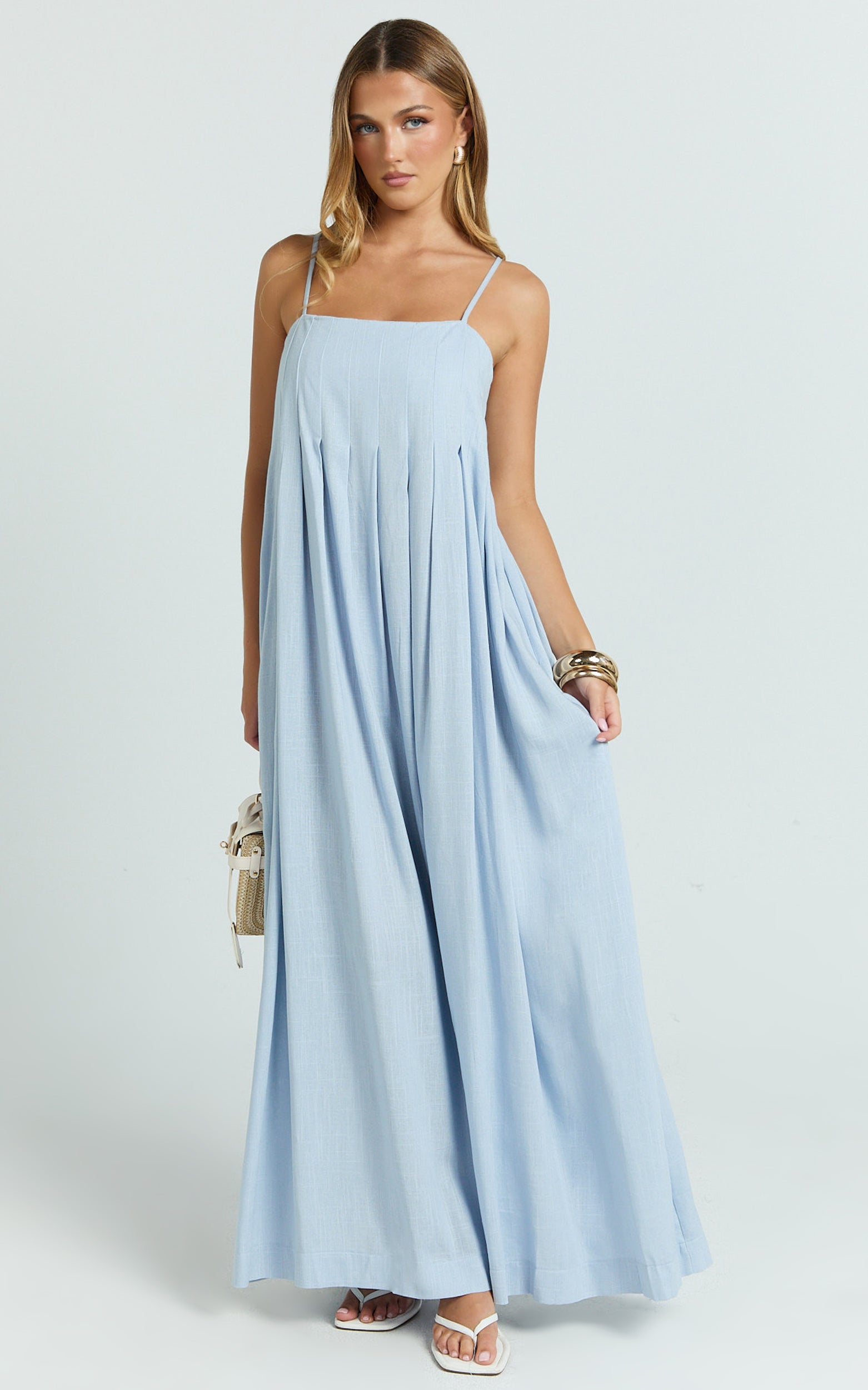 Cloe Maxi Dress - Pleated Detail Dress in Blue