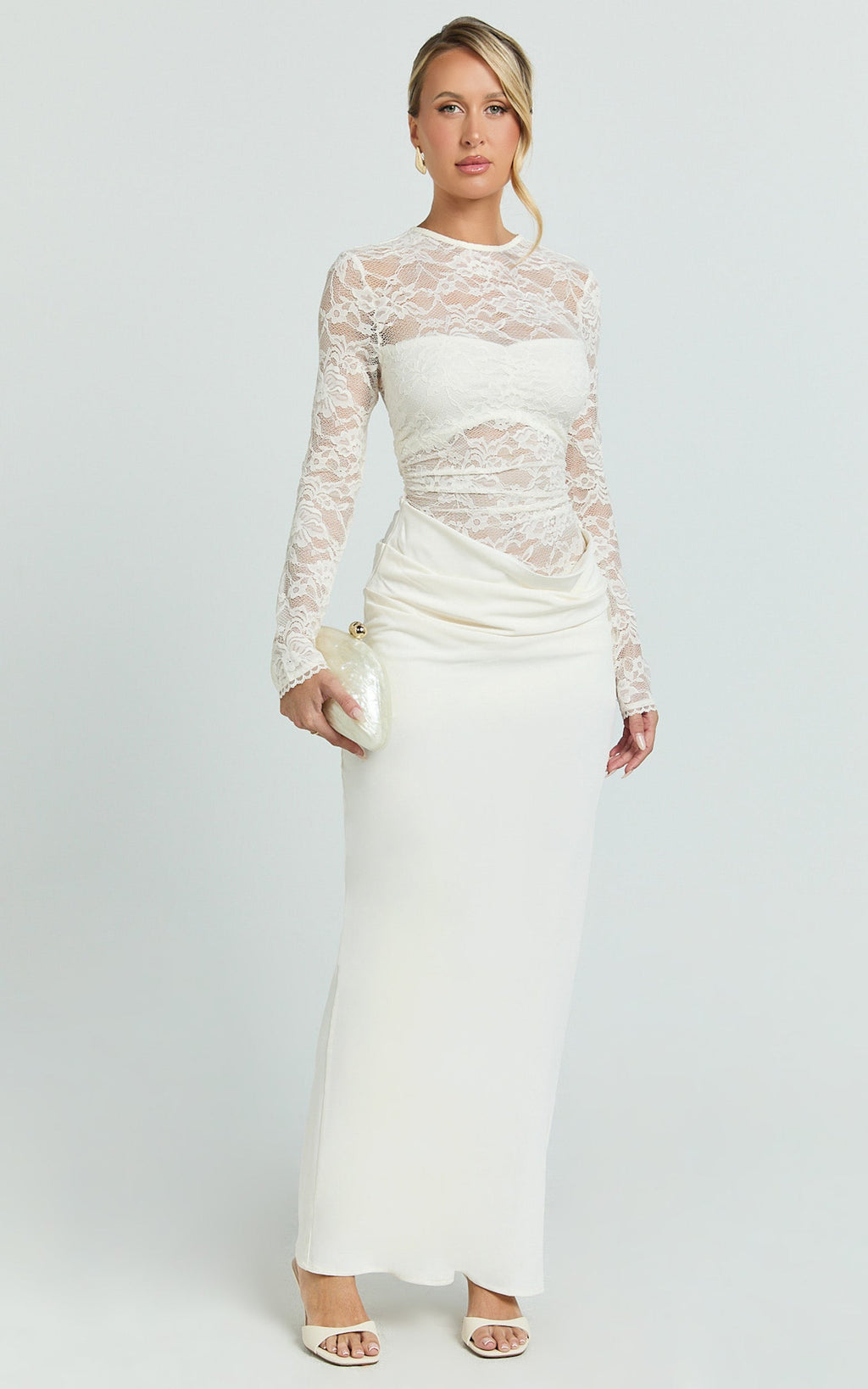 Crisanta Maxi Dress - Long Sleeve Contrast Lace Bodycon Dress in Ivory