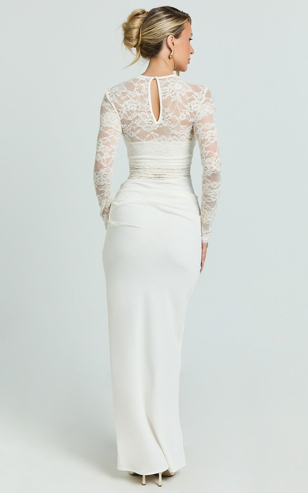 Crisanta Maxi Dress - Long Sleeve Contrast Lace Bodycon Dress in Ivory