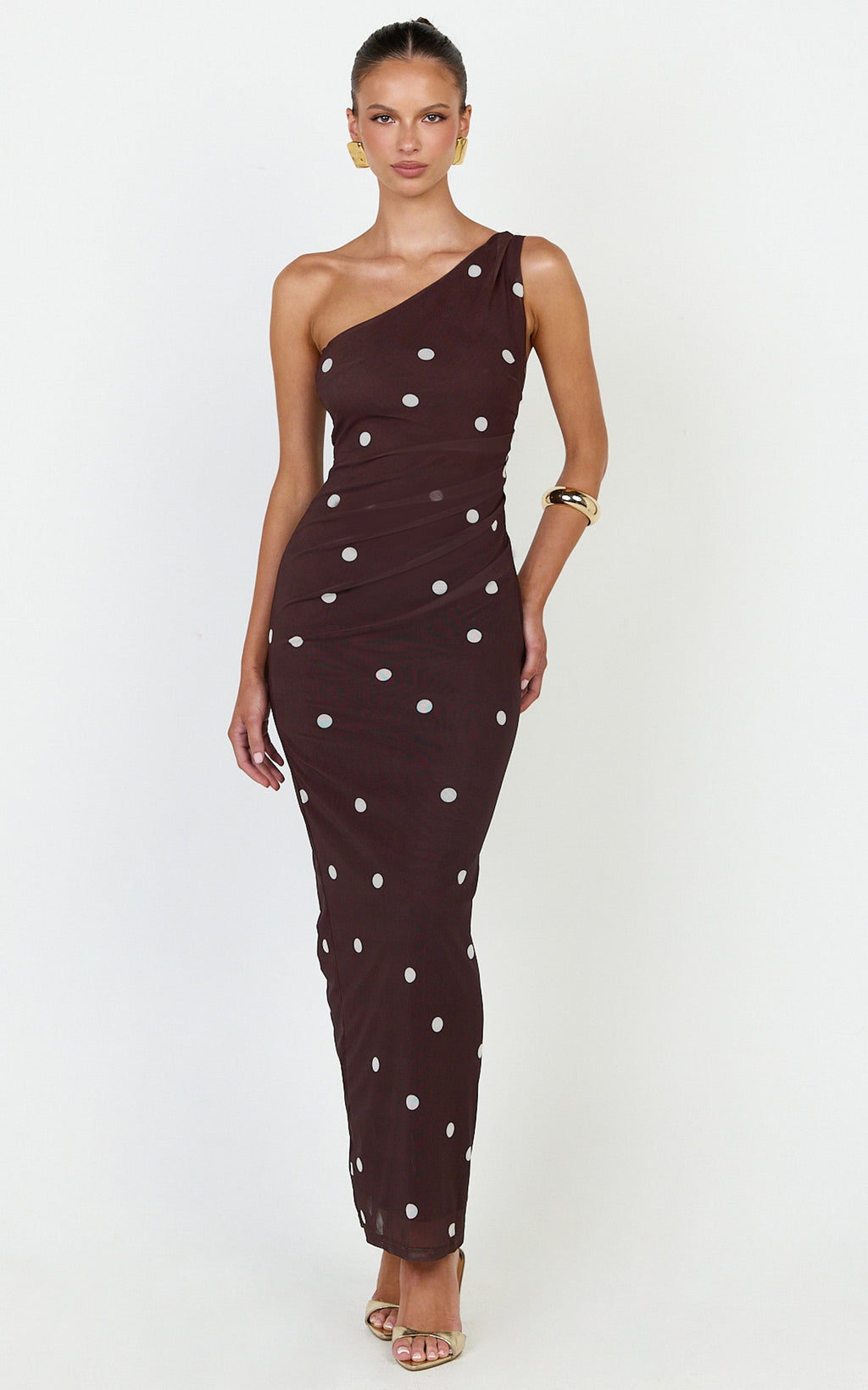 Criselda Maxi Dress - One Shoulder Maxi Dress in Chocolate Polkadot