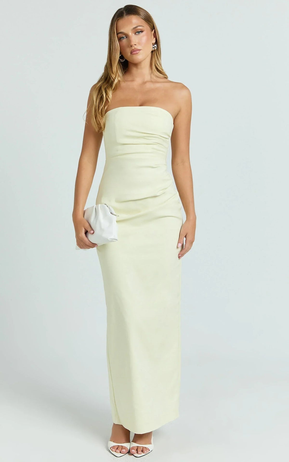 Jamie Midi Dress - Strapless Ruched Fitted Column Dress in Lemon