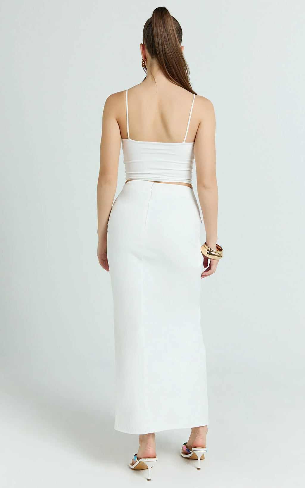 Dylan Midi Skirt - Mid Waist Twist Front Midi Skirt in White